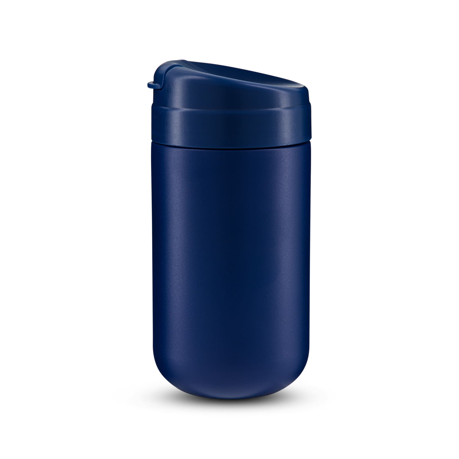 A coffee cup in a deep navy blue with a secure lid and smooth finish, featuring a subtle branding logo.