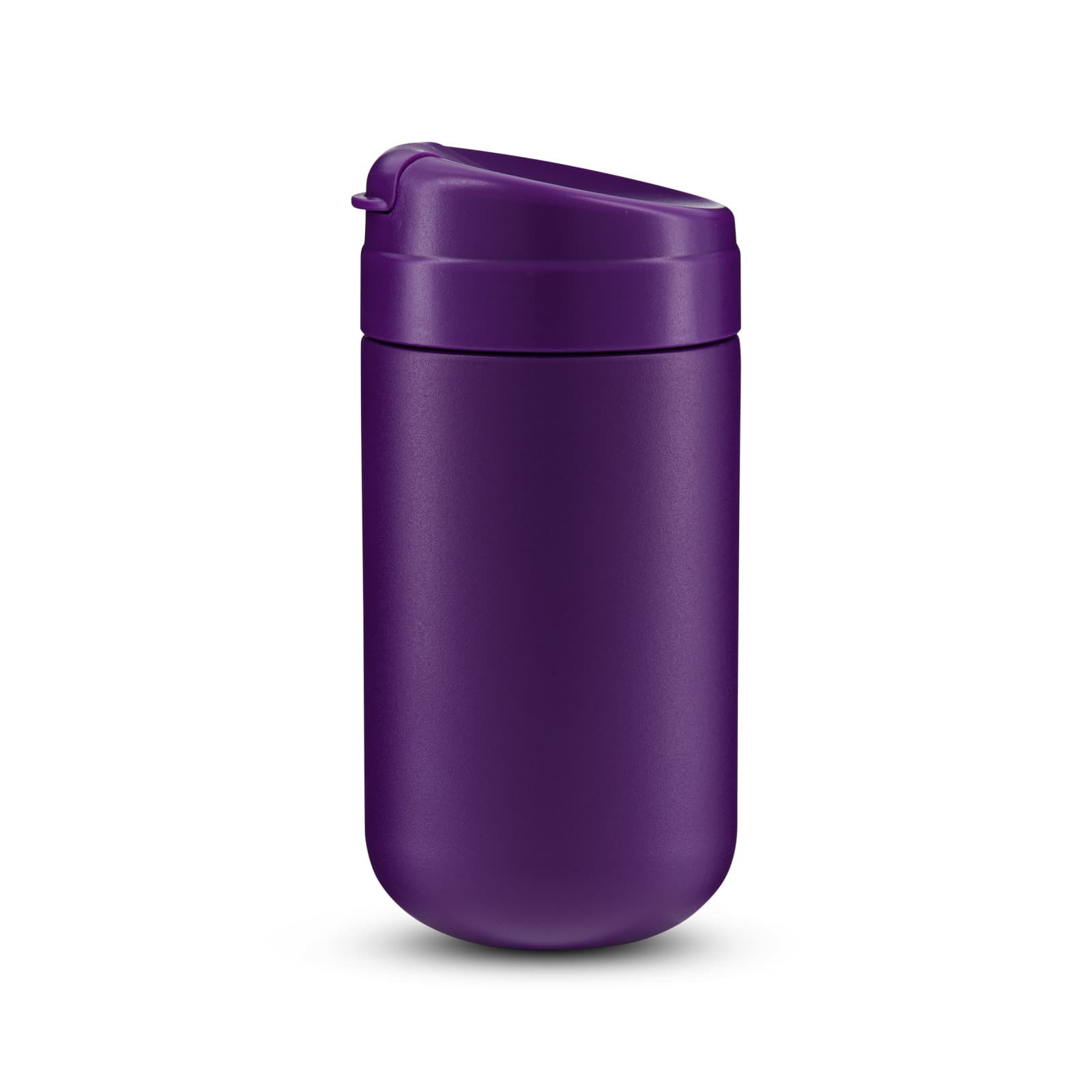 A purple coffee cup with a secure lid and a smooth finish. It features a logo on the surface.