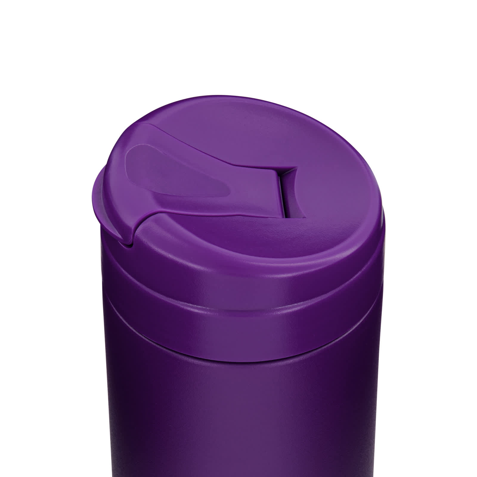 A purple coffee cup with a secure lid and a drinking opening, featuring a smooth finish and a logo.