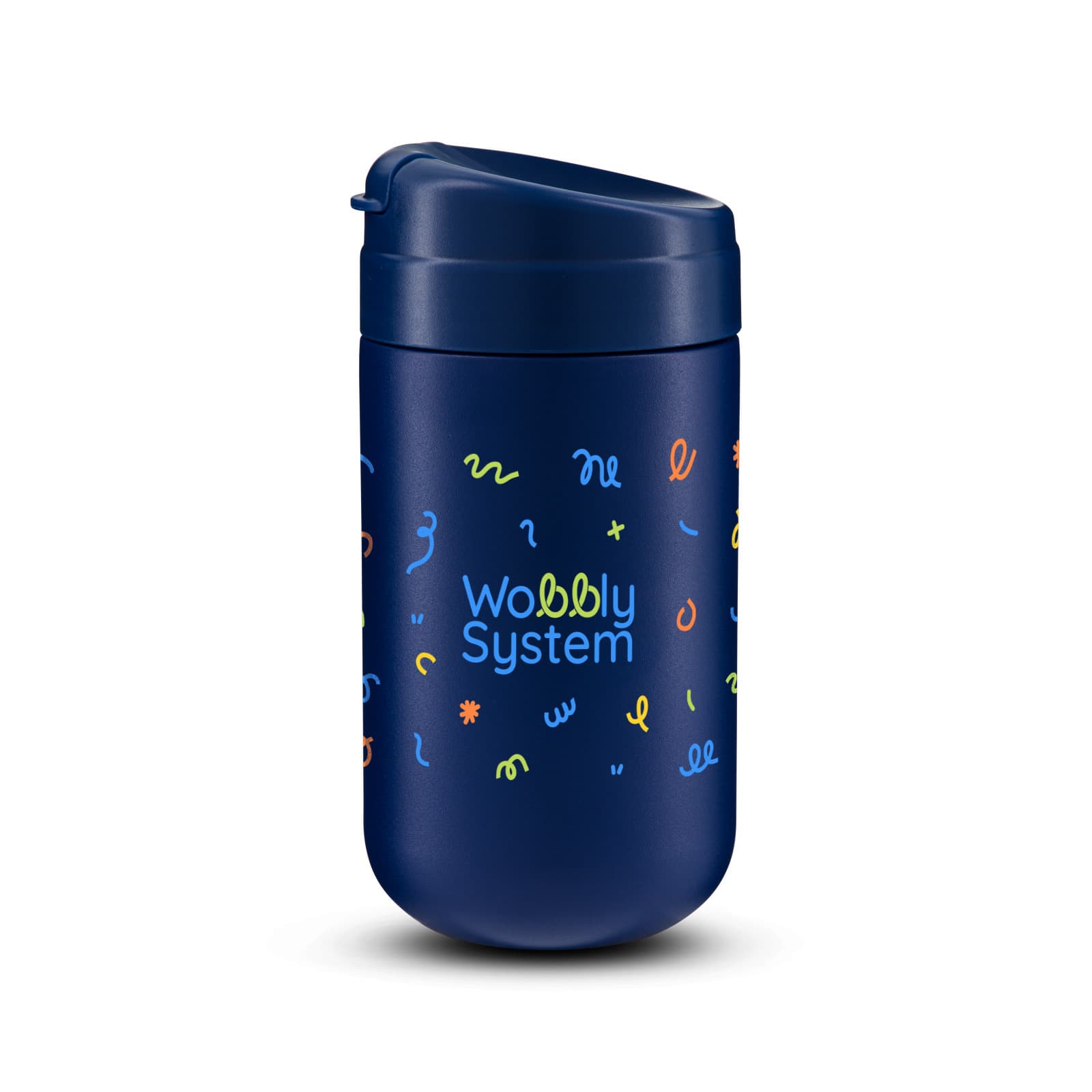 A reusable coffee cup in navy blue featuring a playful design and a lid. It includes a logo on the front.