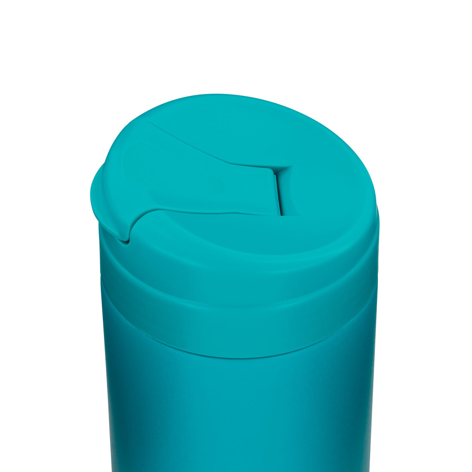 A drink bottle with a teal exterior and a sliding lid. It features a logo on the surface.