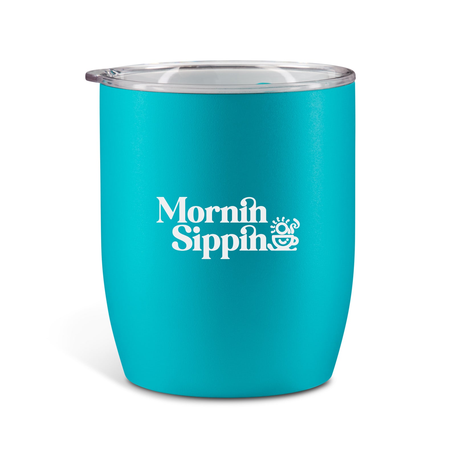 A turquoise coffee cup with a clear lid and a brand logo on the front.