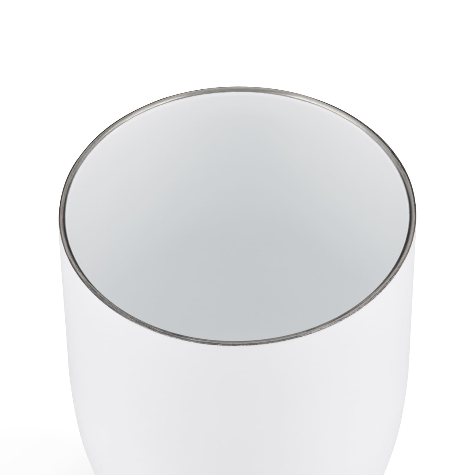 A white coffee cup with a smooth finish and a metallic rim. It features a logo on the surface.