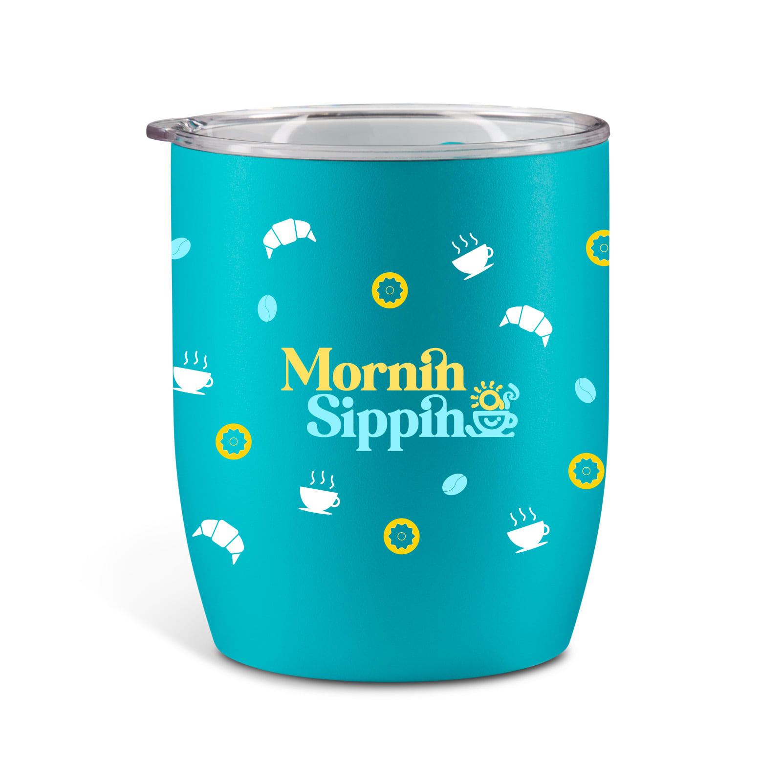 A travel mug in teal with various food and drink graphics and a logo. It features a clear lid.