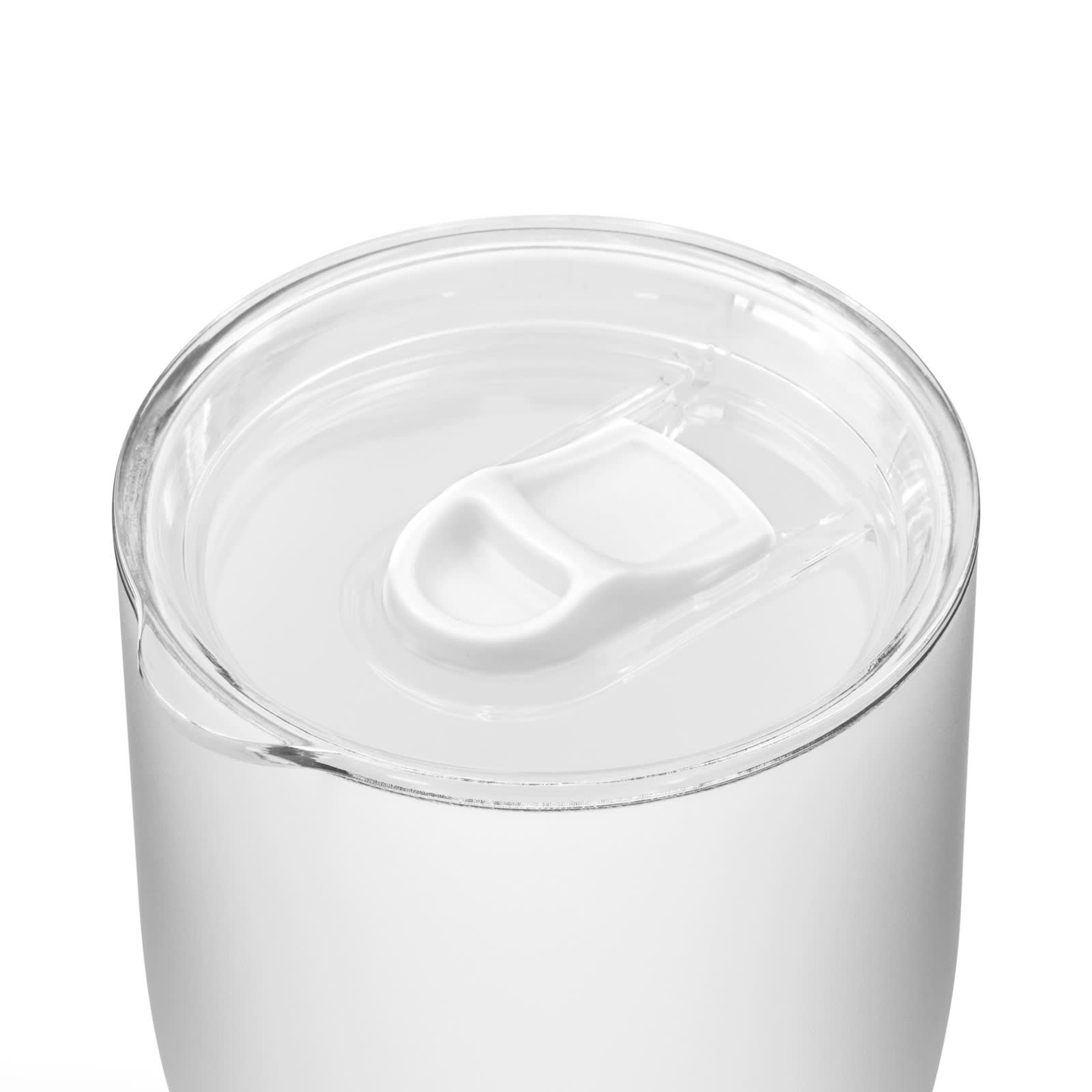 A coffee cup with a clear lid, featuring a smooth white exterior and transparent top. It has a simple, sleek design.