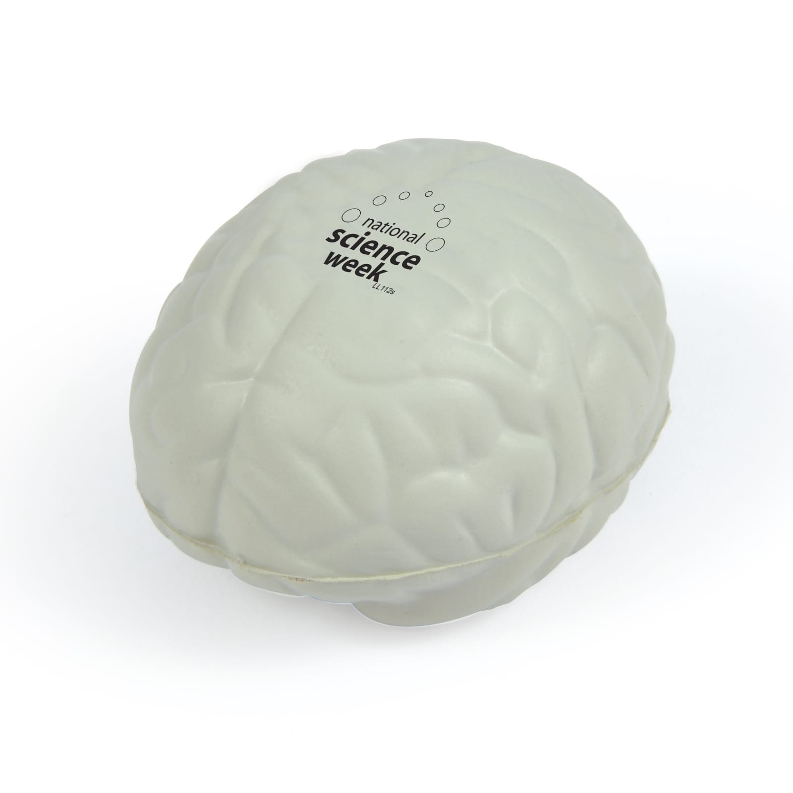 A white brain-shaped stress ball with detailed textures and a logo on one side.