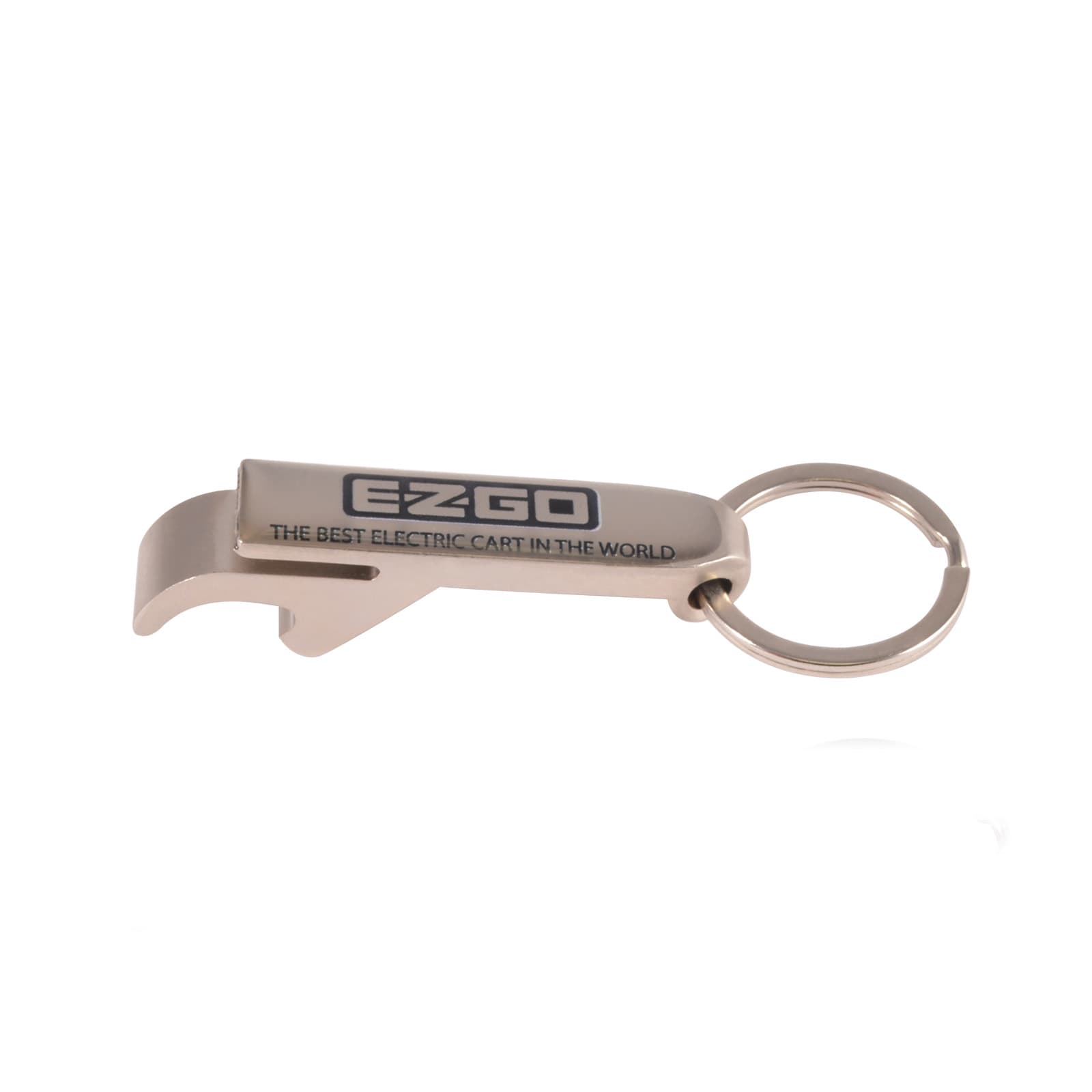 A drink bottle opener and keytag in silver metal, featuring a logo and a keyring attachment.