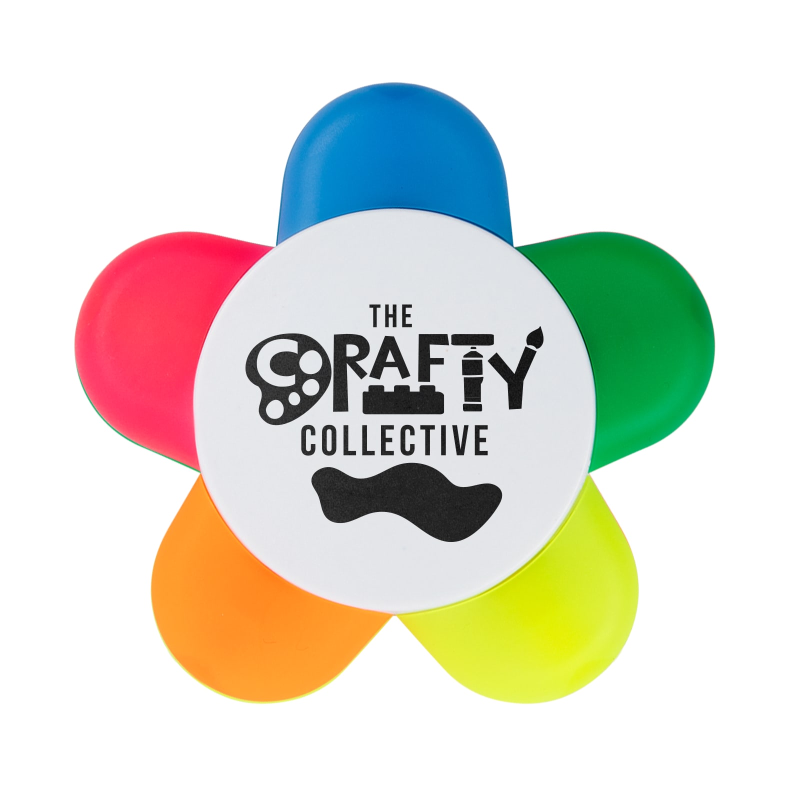 A highlighter set in the shape of a flower, featuring pink, orange, yellow, green, and blue petal-like highlighters.