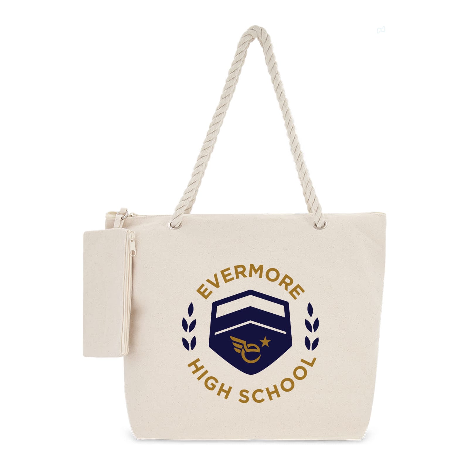 A cream canvas tote bag with a rope handle and a logo featuring a shield and text. It includes a zippered pouch.