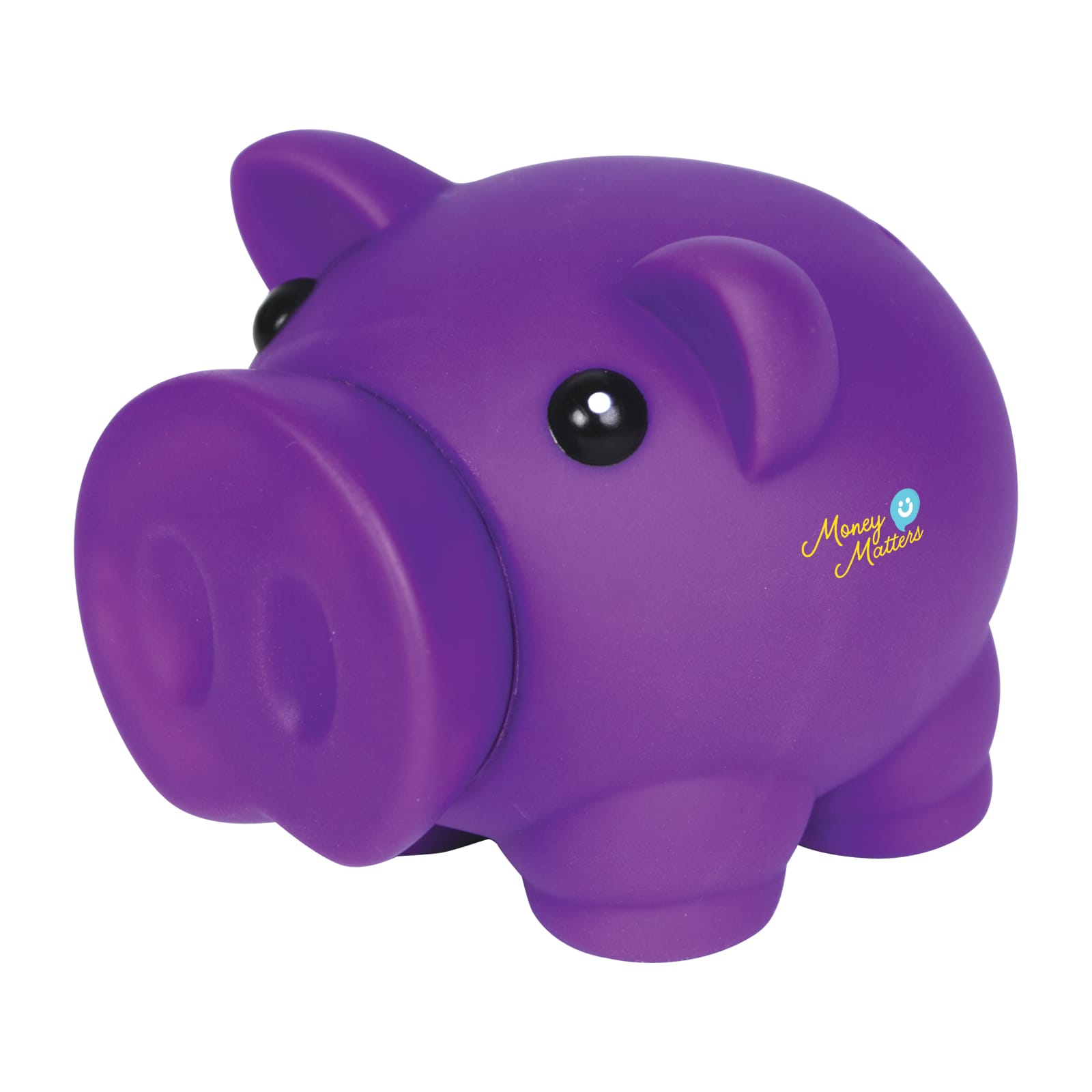 A purple piglet coin bank with black eyes and a smooth finish, featuring a logo on the side.