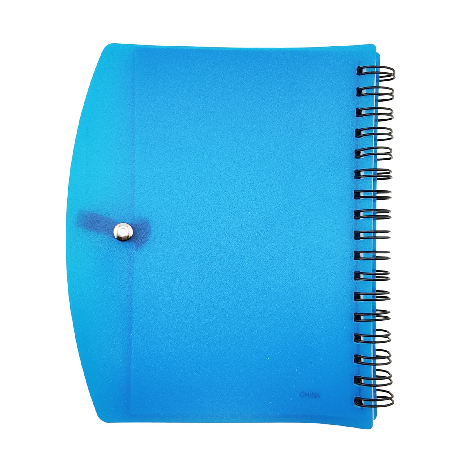 A blue spiral notebook with a cover and a button closure, featuring black spiral binding.