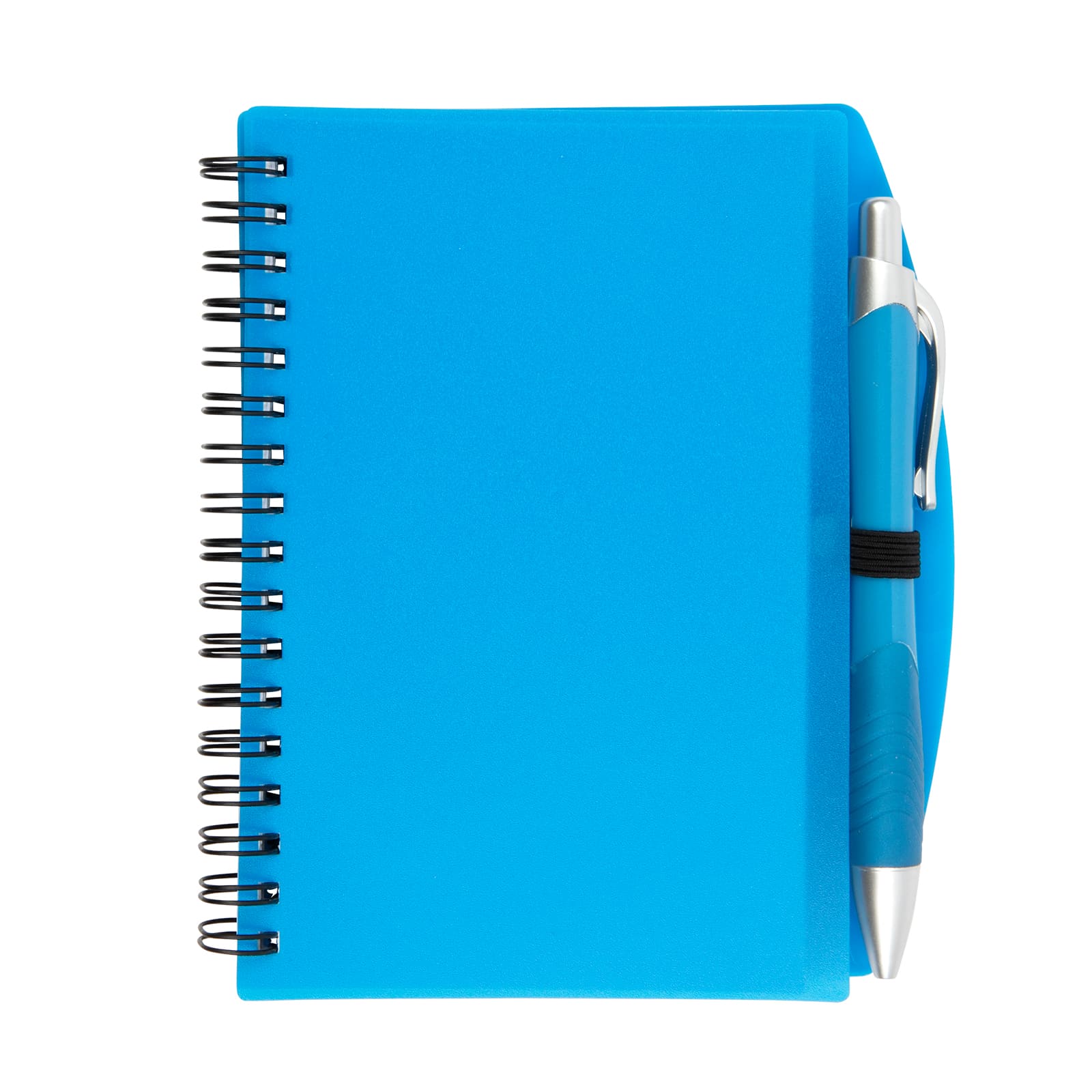 A blue Scribe Spiral Notebook accompanied by a matching pen, designed for office and business use.