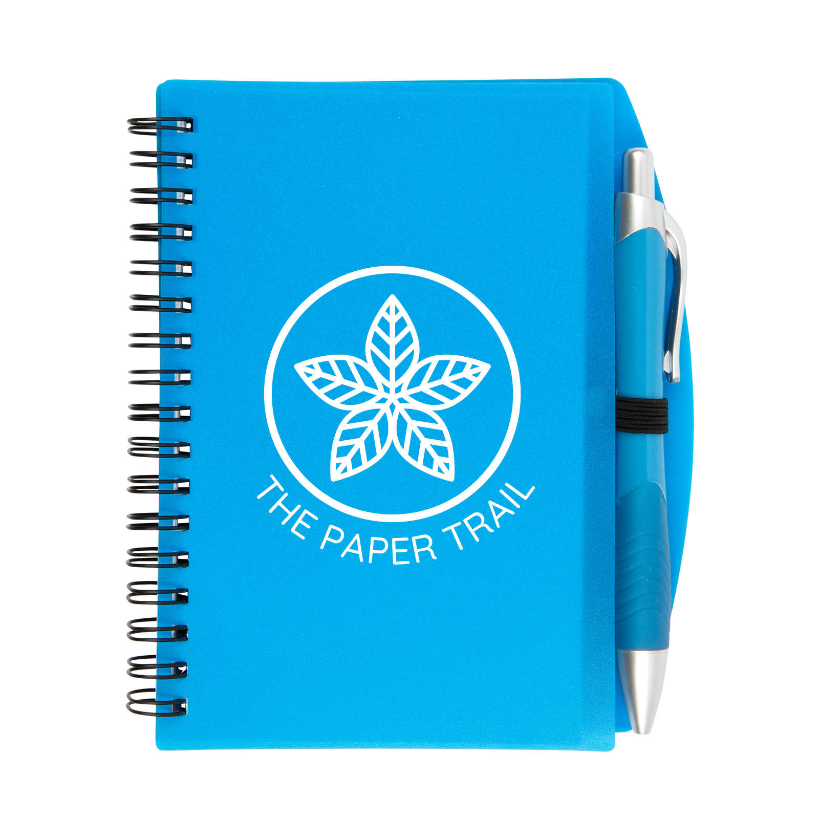 A blue spiral notebook with a pen attached, featuring a logo on the cover.