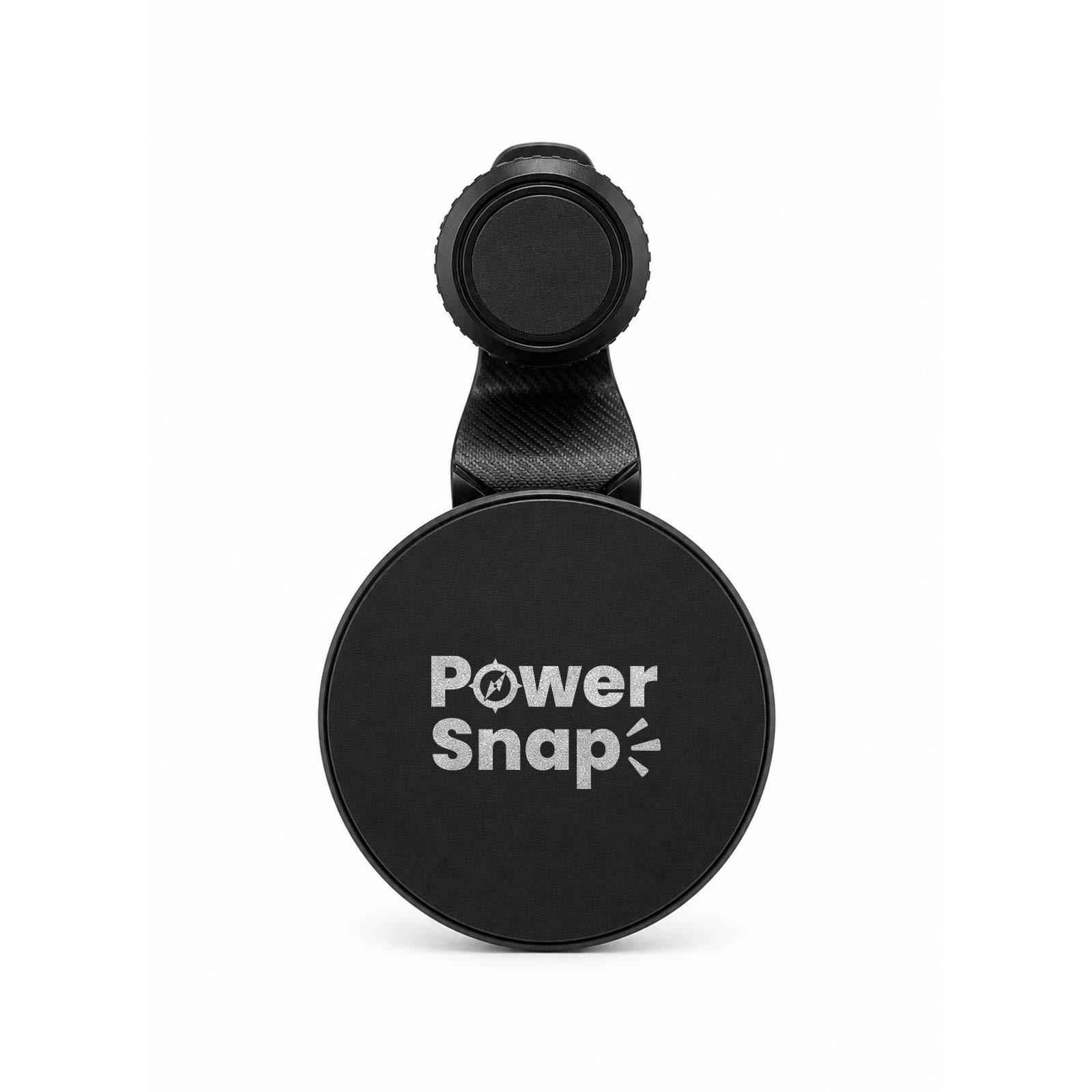 A black circular car phone holder with a textured strap and a branding logo.