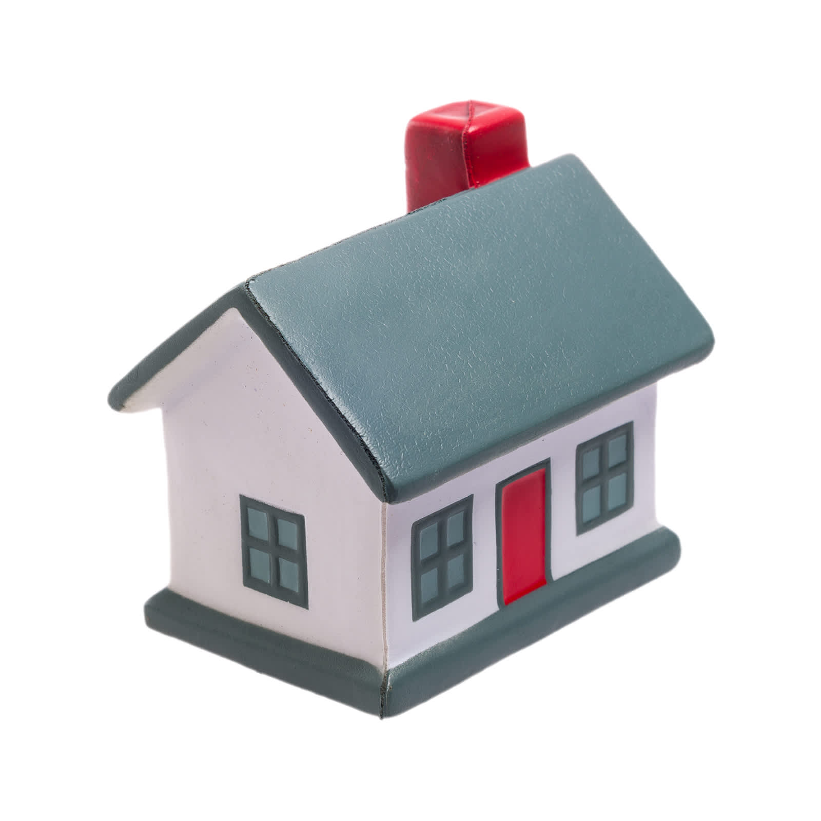 A mini stress-relief toy shaped like a house, featuring a red door and chimney with a green roof.