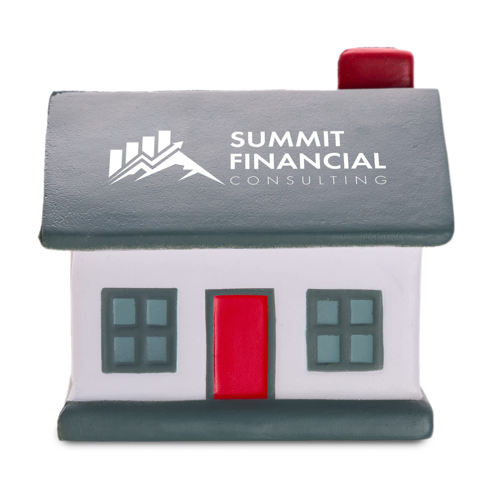 A house-shaped stress reliever in grey, white, and red, featuring a logo on the front.