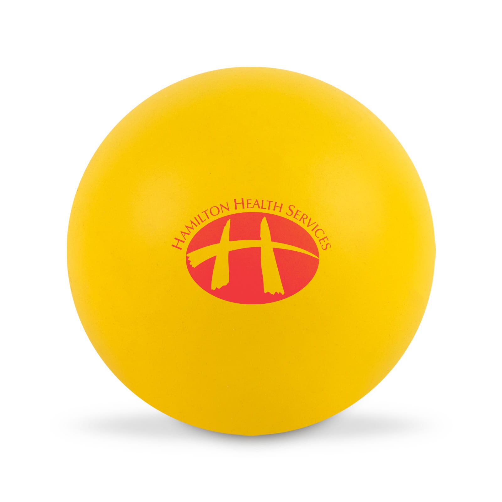 A bright yellow Hi Bounce Ball features the logo of Hamilton Health Services prominently displayed on its surface.