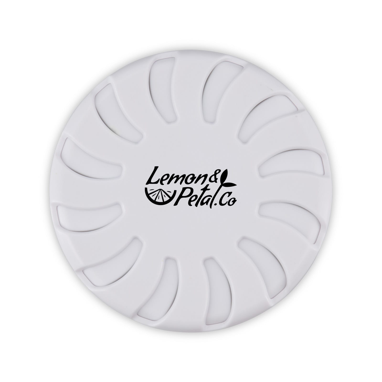 A round white fragrance pot with a floral design and a logo in the centre.