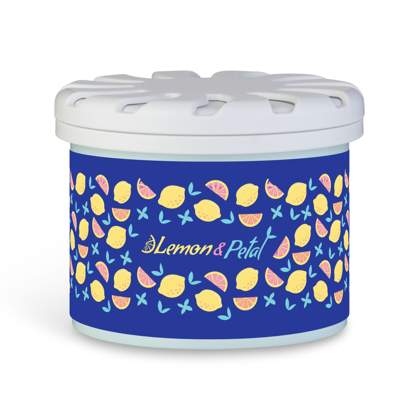 A round scent pot in blue featuring a colourful lemon and petal design, topped with a white lid and floral accents.