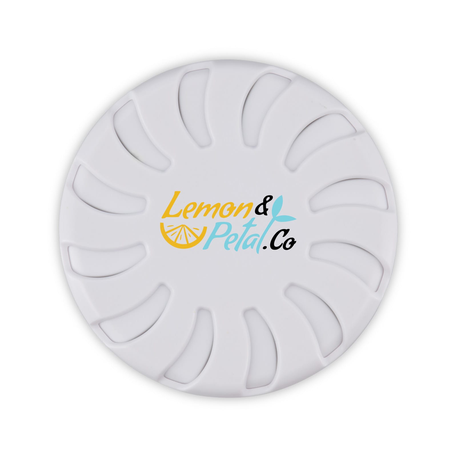 A round, white fragrance pot with a decorative logo in yellow and teal. Features a floral design on the surface.