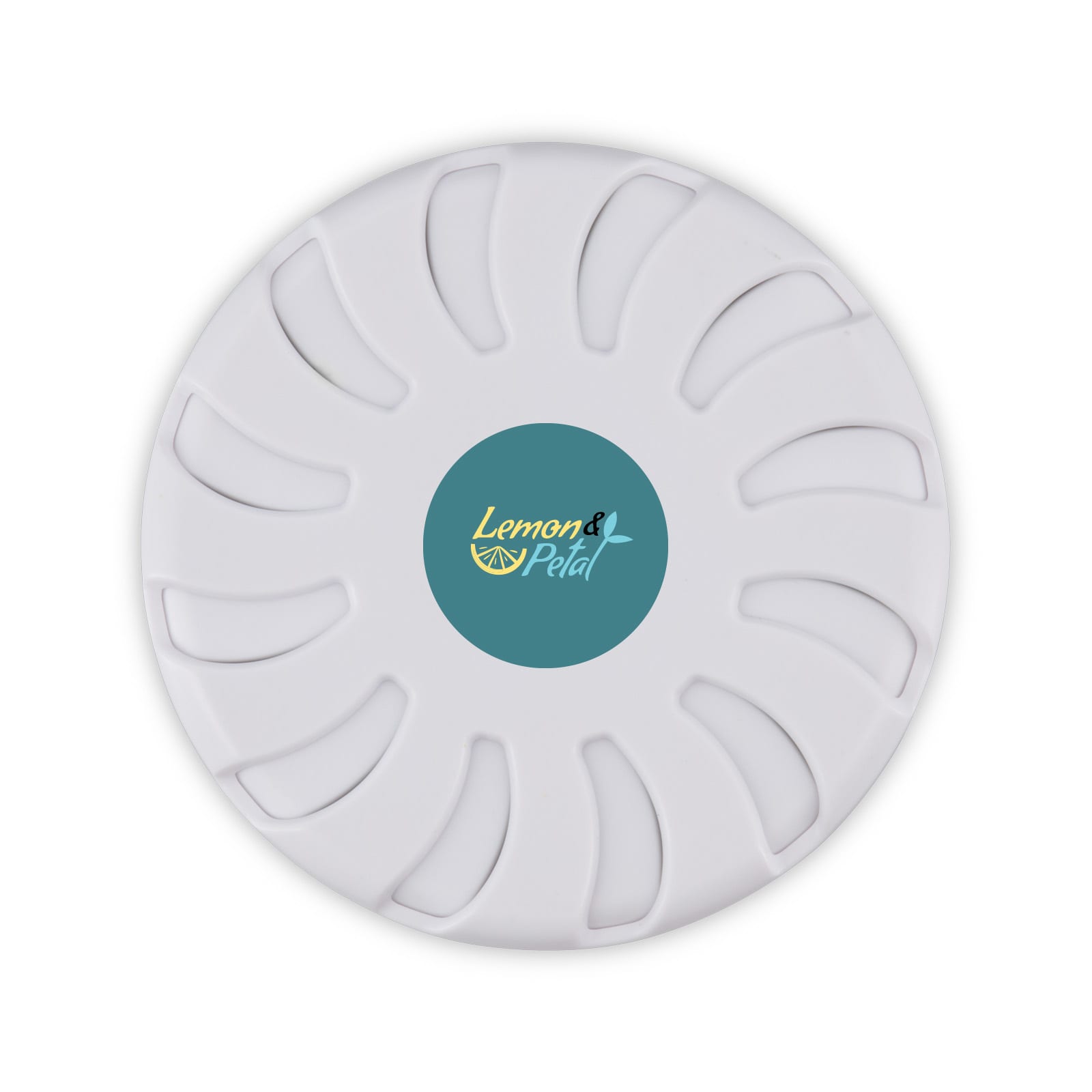 A white fragrance pot with a circular design and a teal central logo. Ideal for home use.