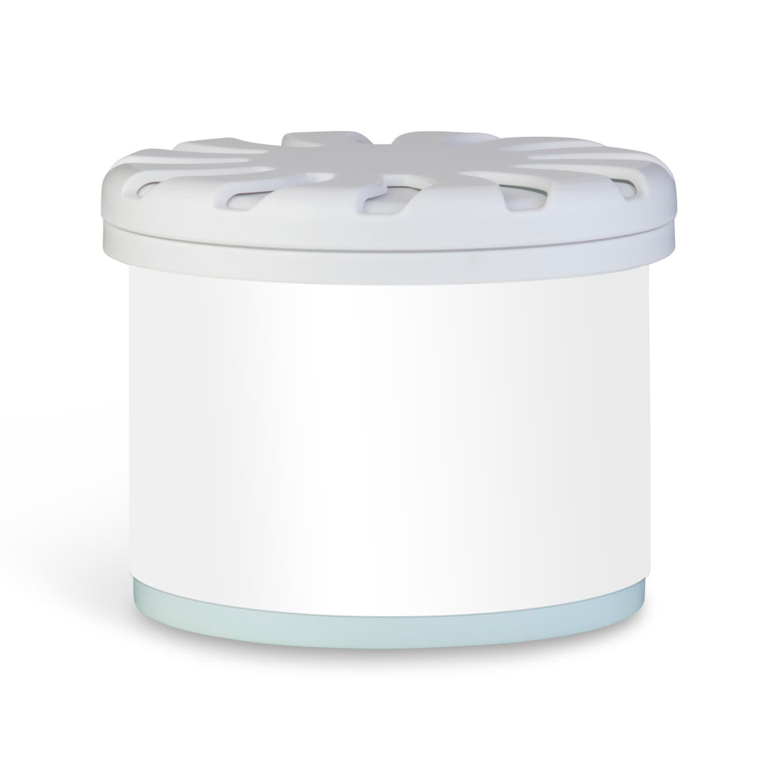 A white fragrance pot with a decorated lid and a light blue base, featuring a branding logo.