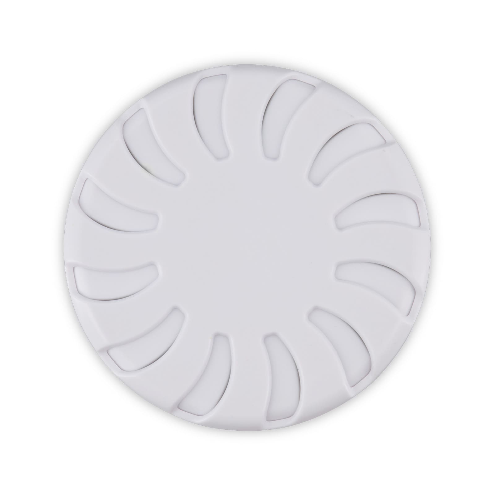 A white Bloom Fragrance Pot with a circular design and cut-out shapes for fragrance dispersion. It has a simple, modern style.