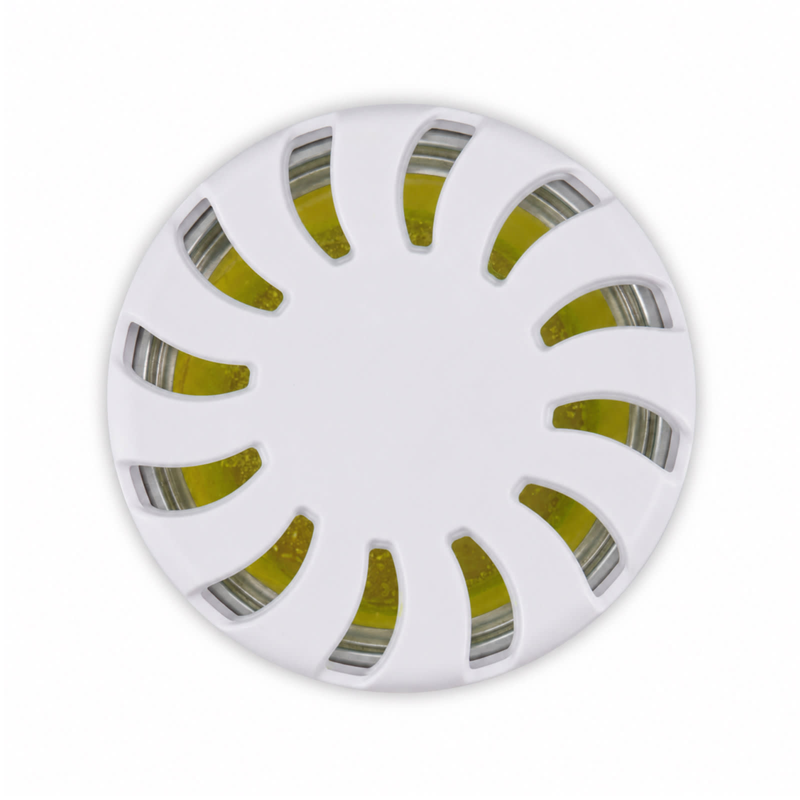 A round white fragrance pot with a decorative lid, featuring a yellow fragrance inside.