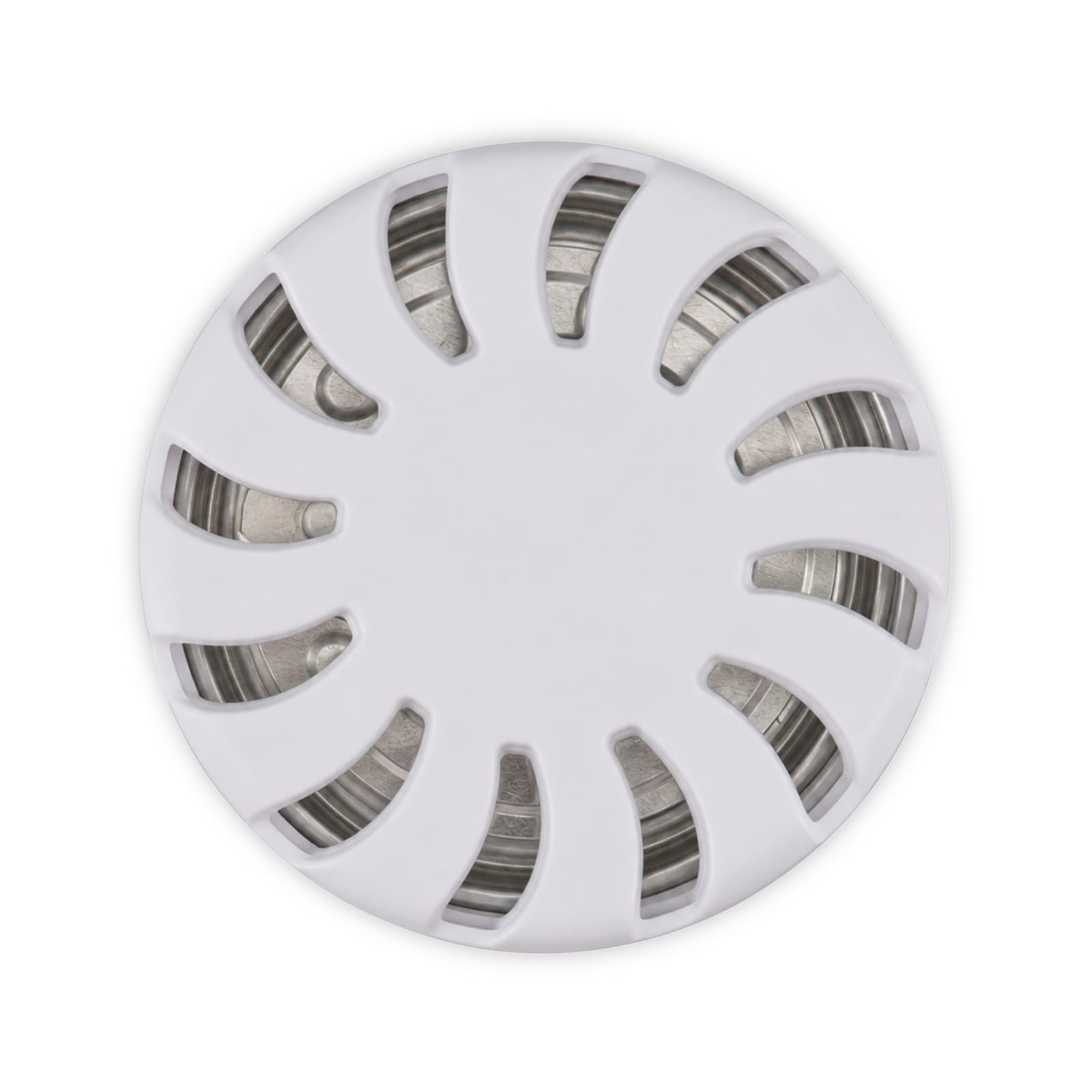 A white fragrance pot with a circular design featuring slits for scent dispersion. It has a metallic base inside.