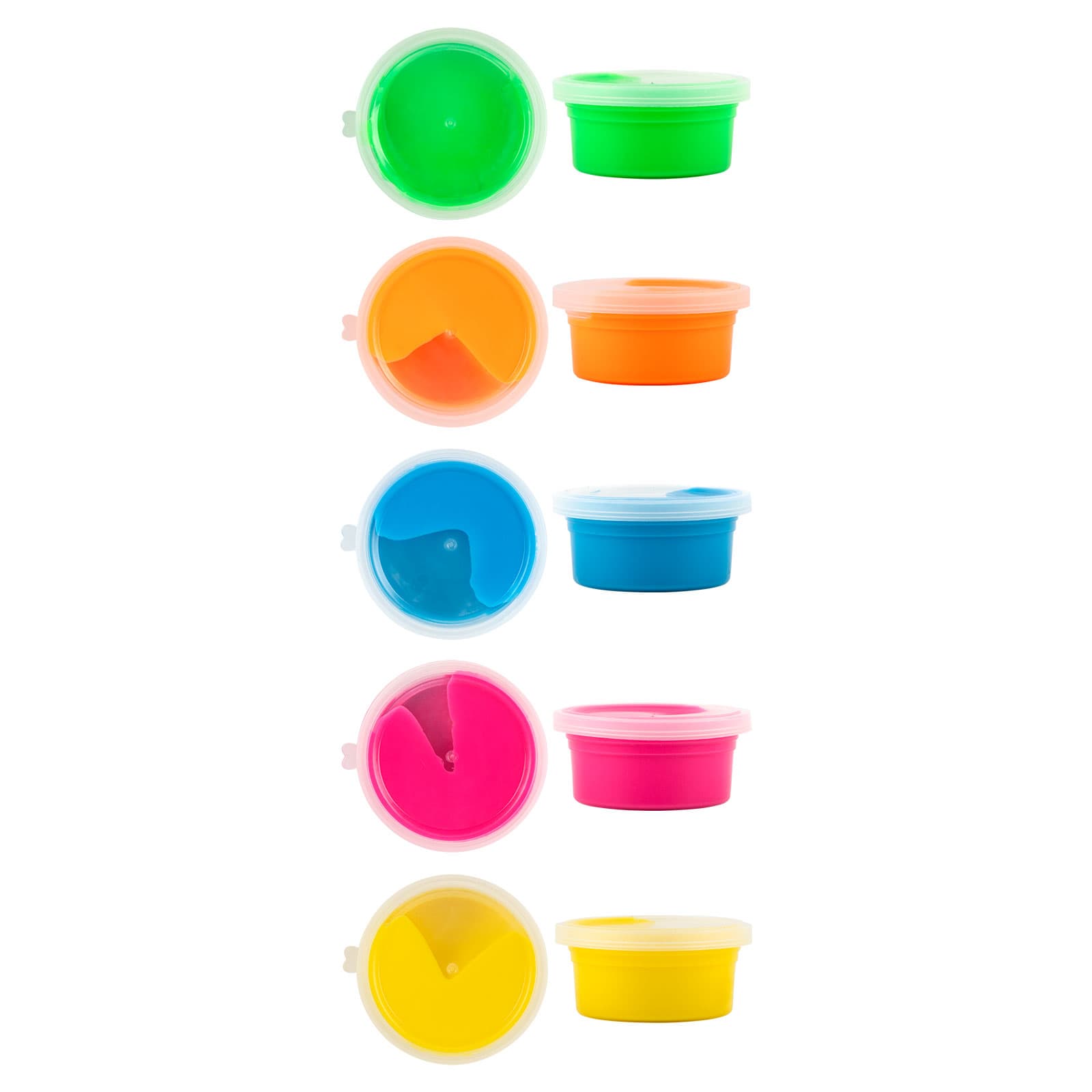 Eight small containers of putty in vibrant colors: green, orange, blue, pink, and yellow with white lids.