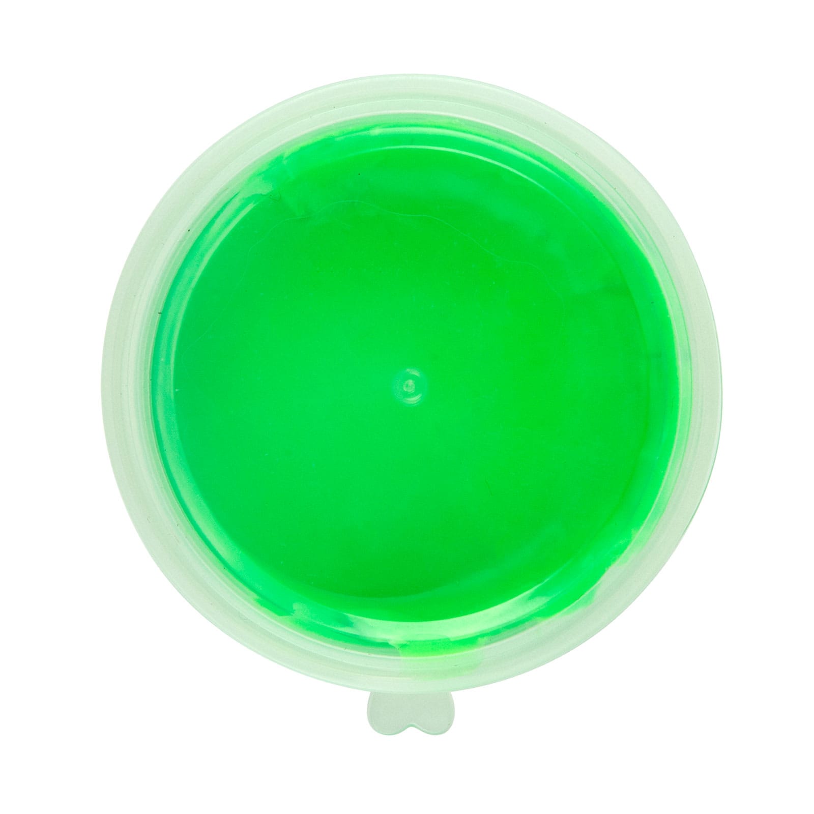 A round container filled with vibrant green bouncing putty.