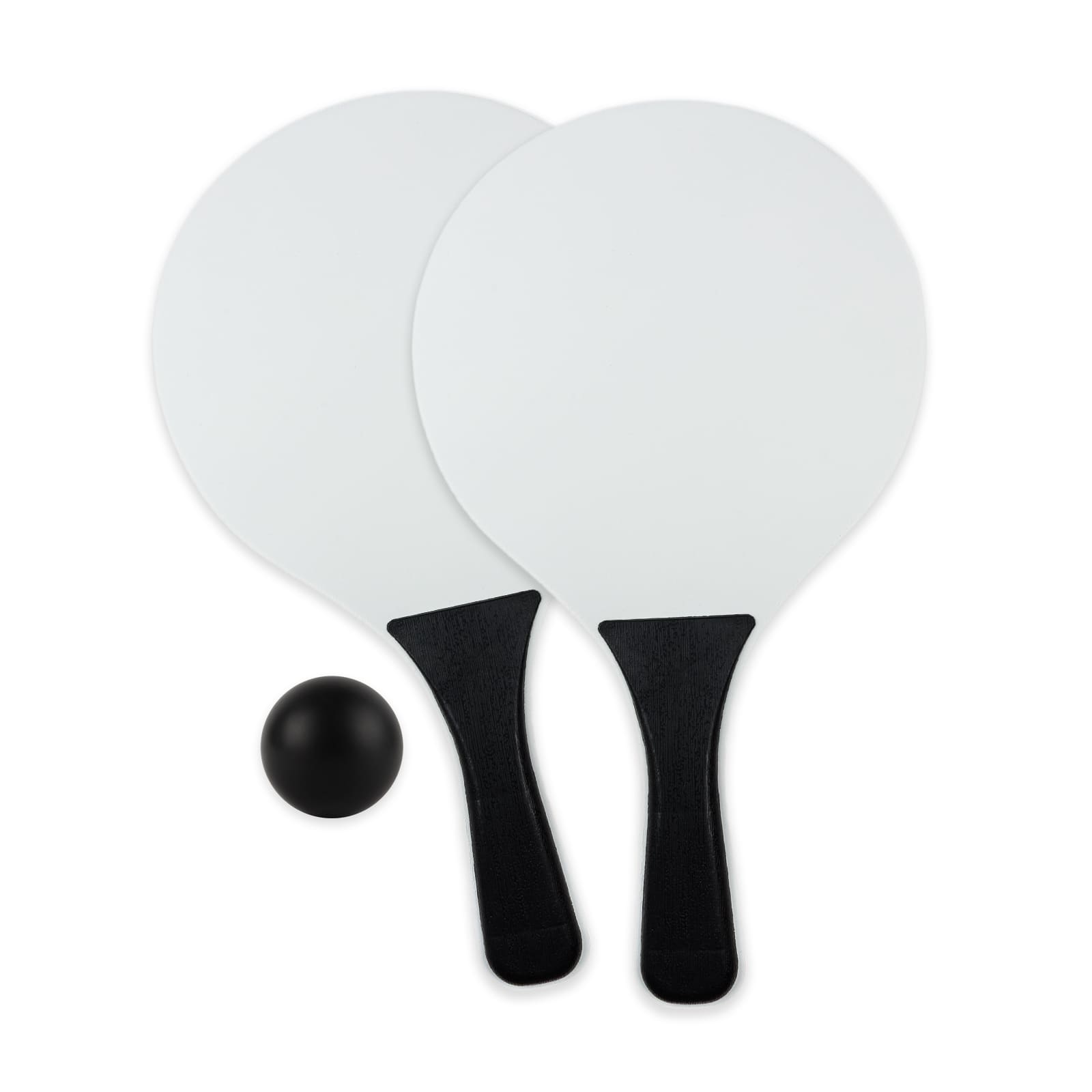 A paddle and ball set featuring two white paddles with black handles and a black ball. It has a logo on the paddles.