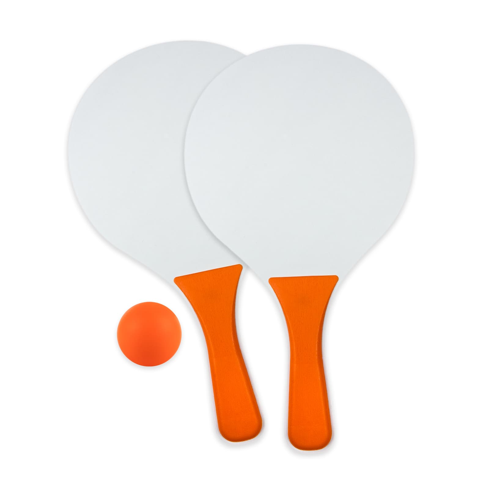 A set of two white paddles with orange handles and a small orange ball. The paddles are flat and round.