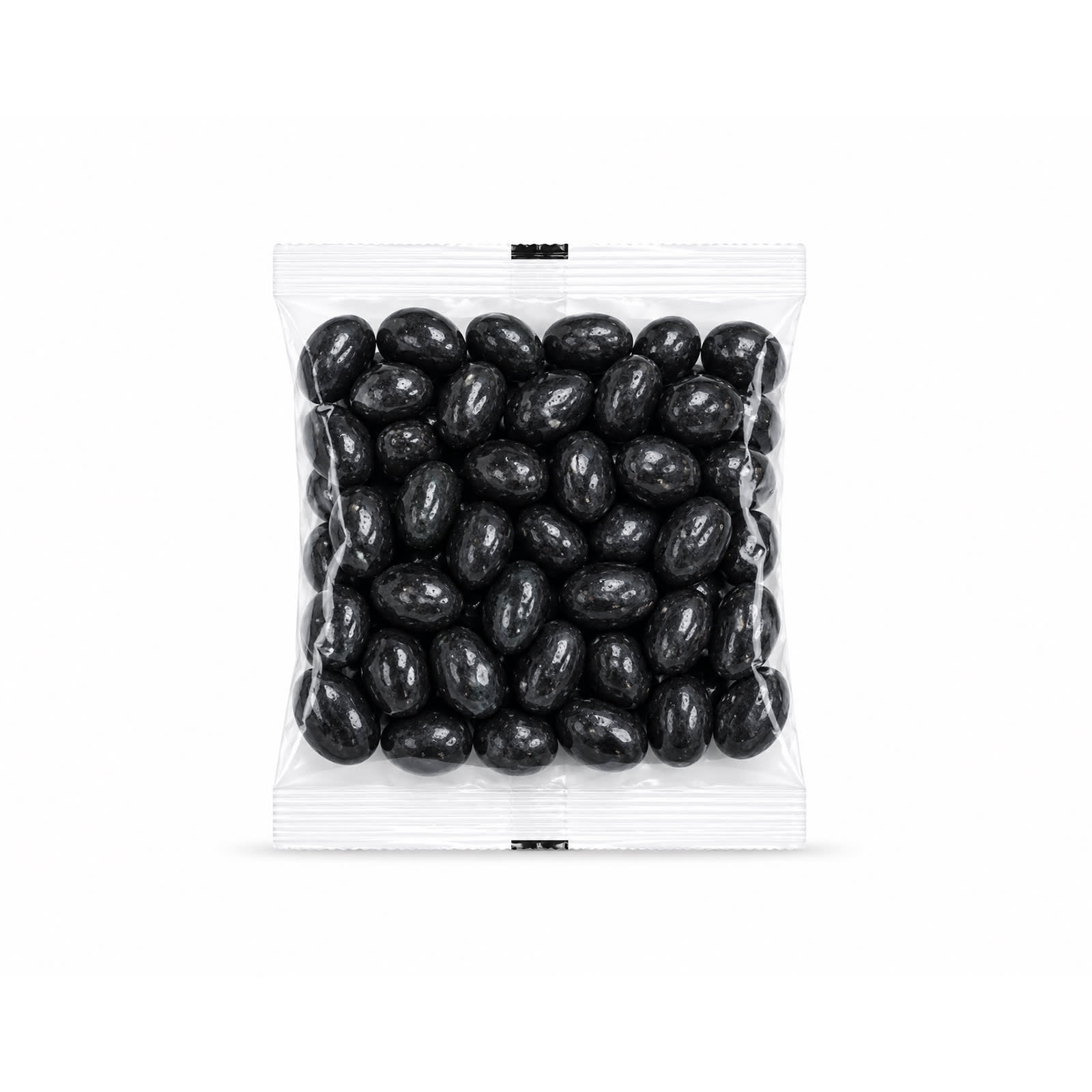 A clear cello bag filled with shiny black jelly beans, neatly packaged.