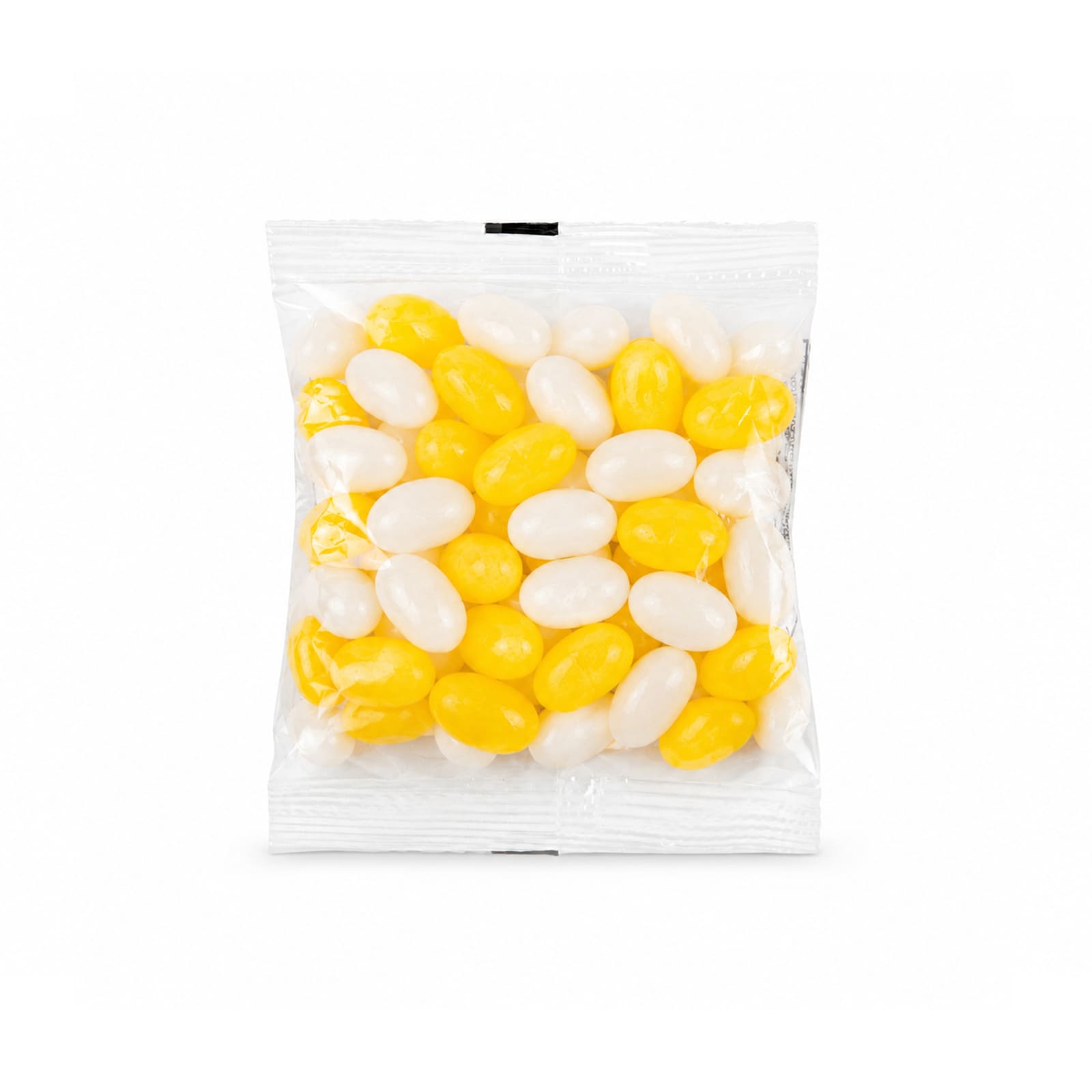 A sealed cello bag containing yellow and white jelly beans. The bag features a branding logo.