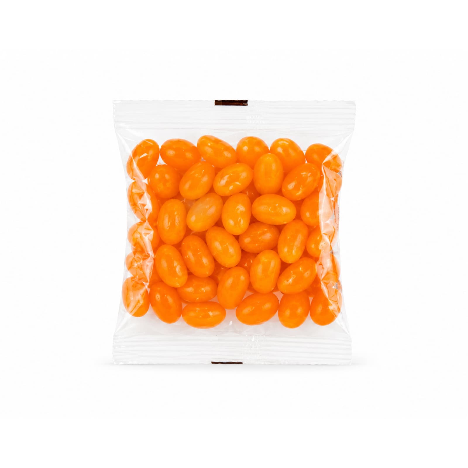 A clear cello bag filled with bright orange jelly beans.