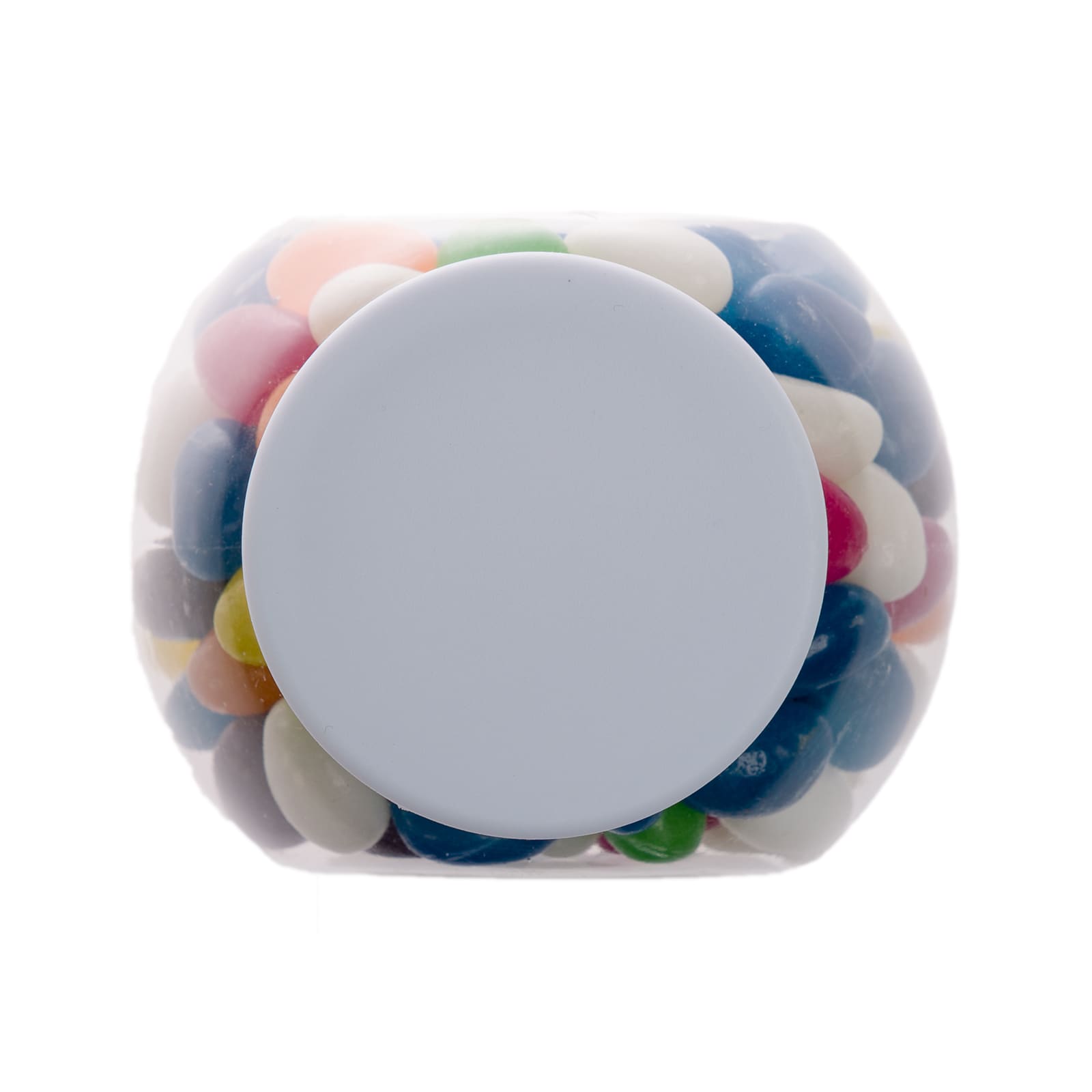 A container filled with assorted colour mini jelly beans, featuring various hues including pink, green, and blue.
