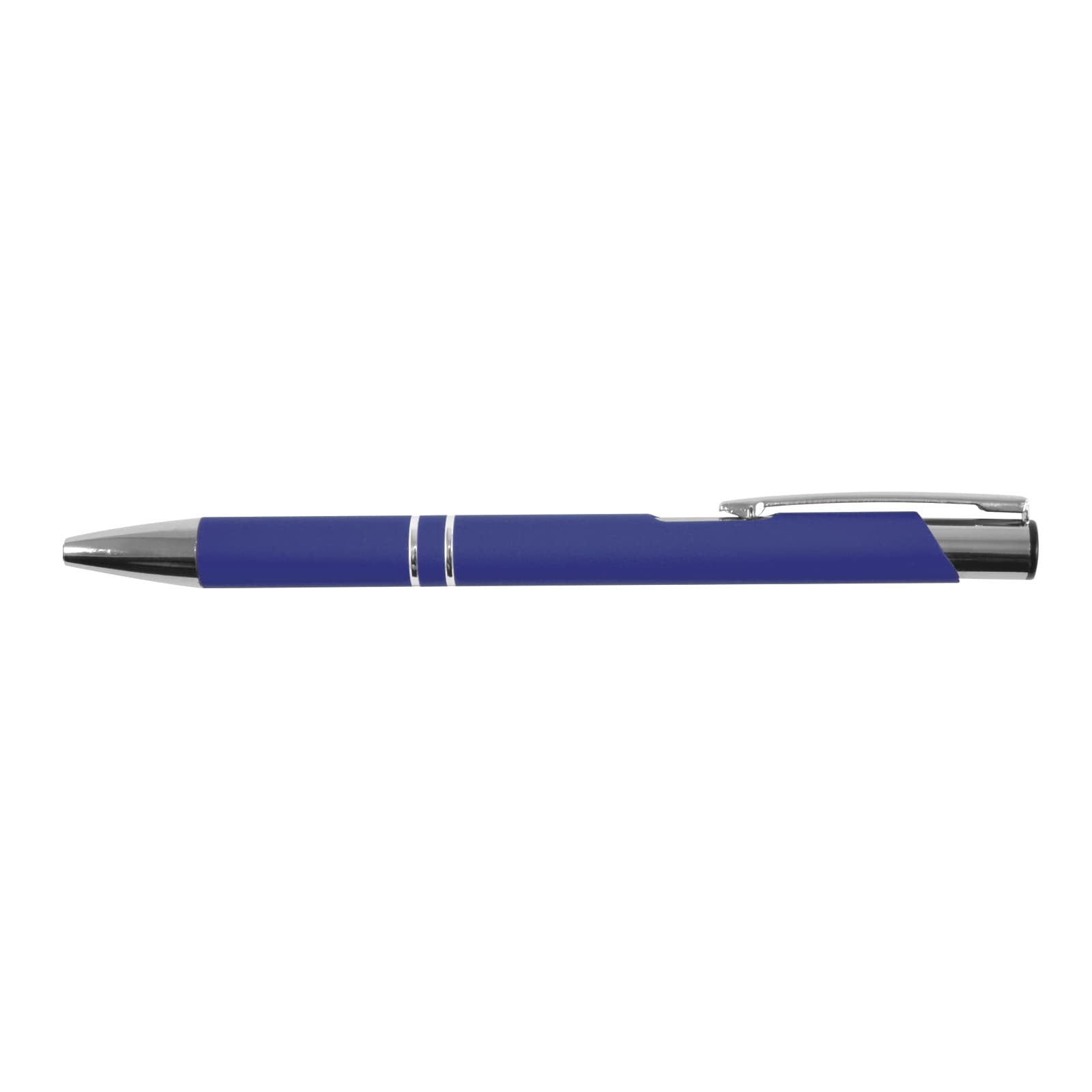 A blue metal pen with a glossy finish and a silver clip, featuring a simple design.
