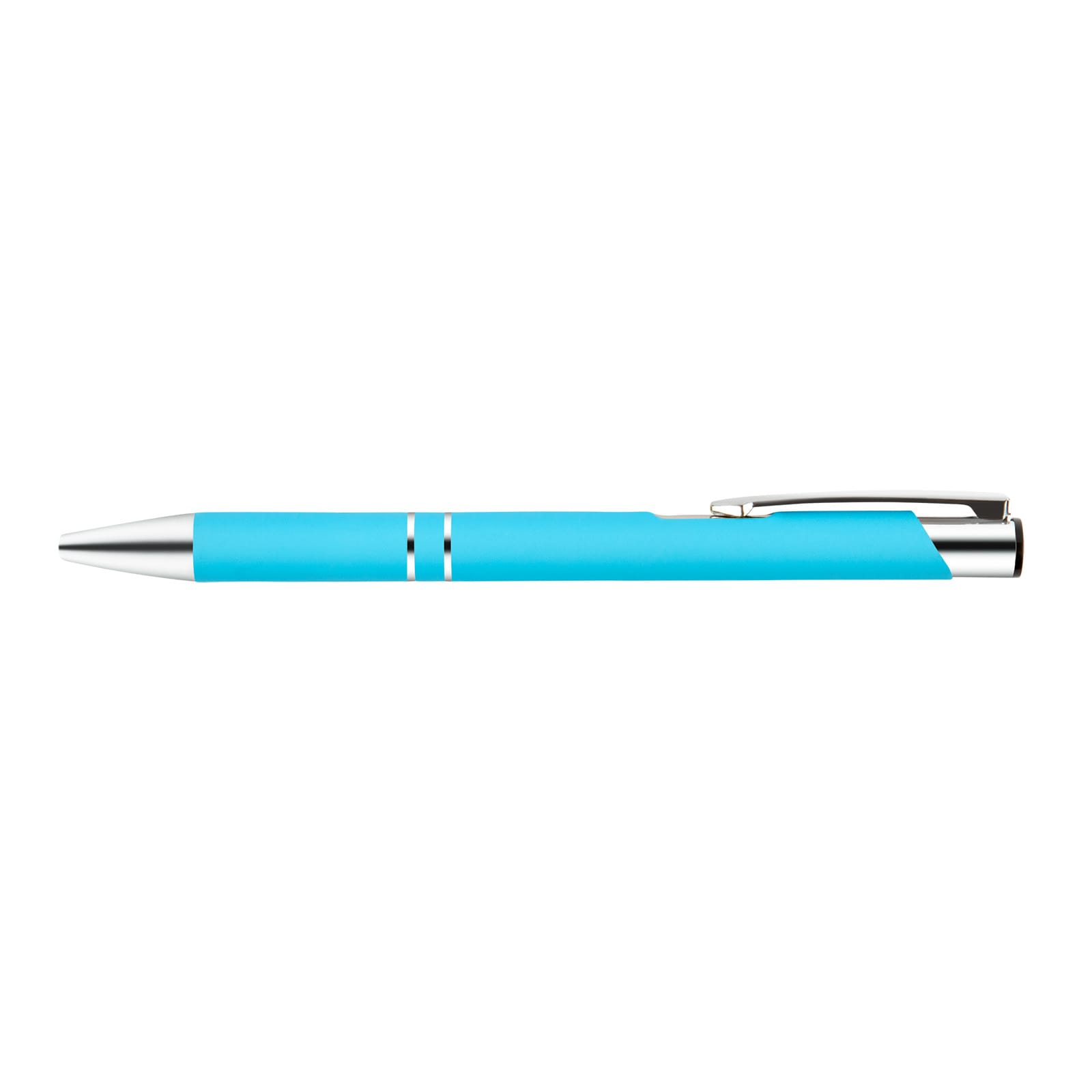 A metal pen in a vibrant blue color with sleek silver accents and a clip.