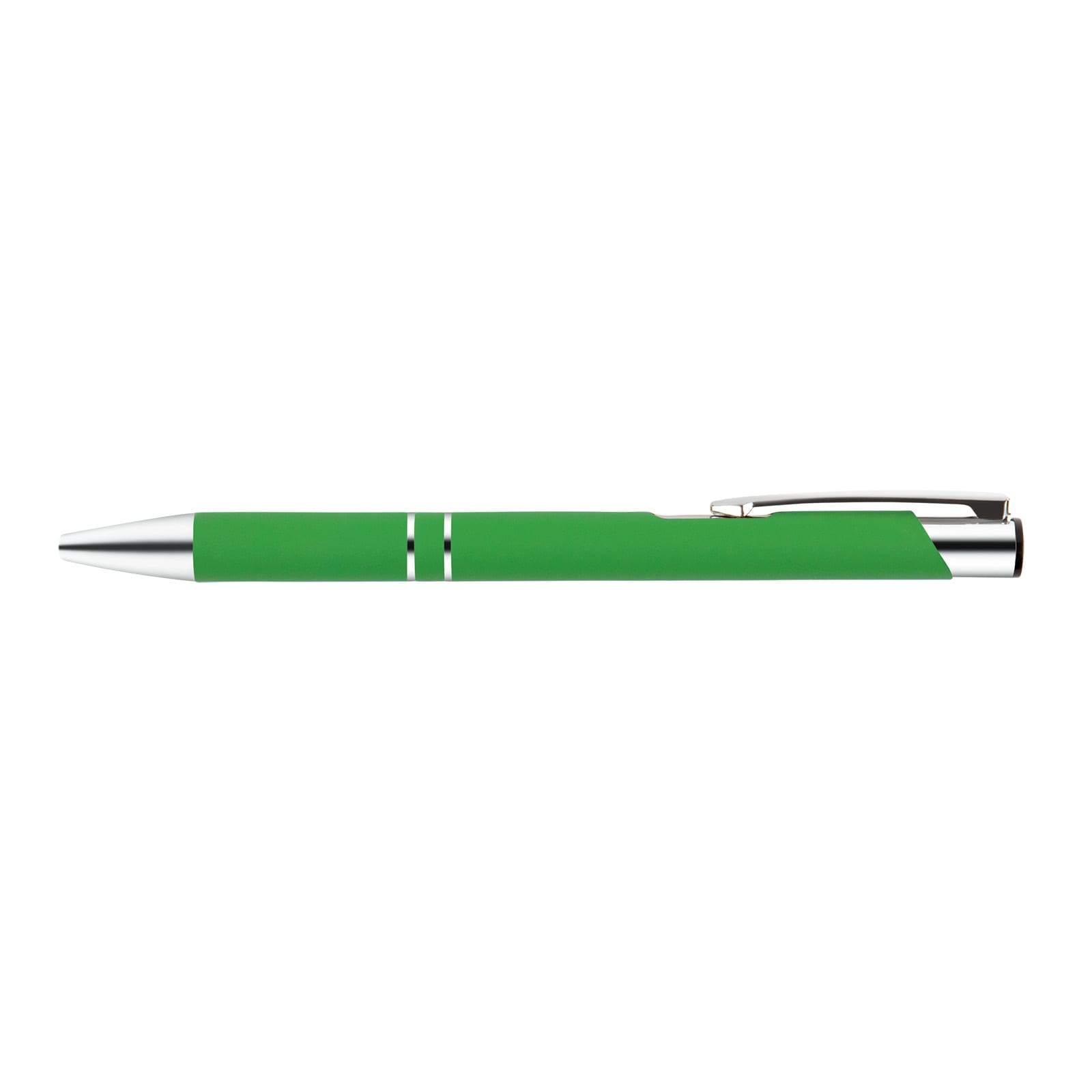 A green metal pen featuring silver accents and a sleek design, identified as the Napier Deluxe Pen.
