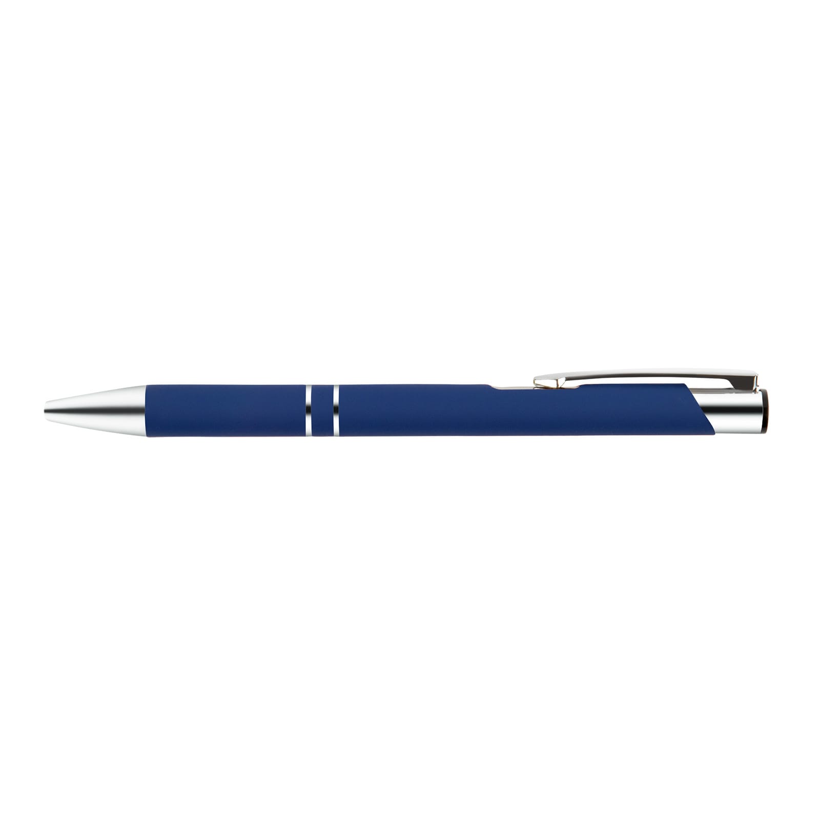 A metal pen in a sleek blue finish with silver accents, featuring a polished clip and modern design elements.