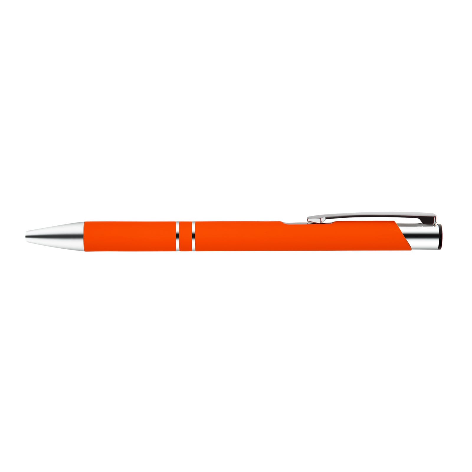 A metal pen in vibrant orange with silver accents and a sleek design, featuring two white striped details on the barrel.