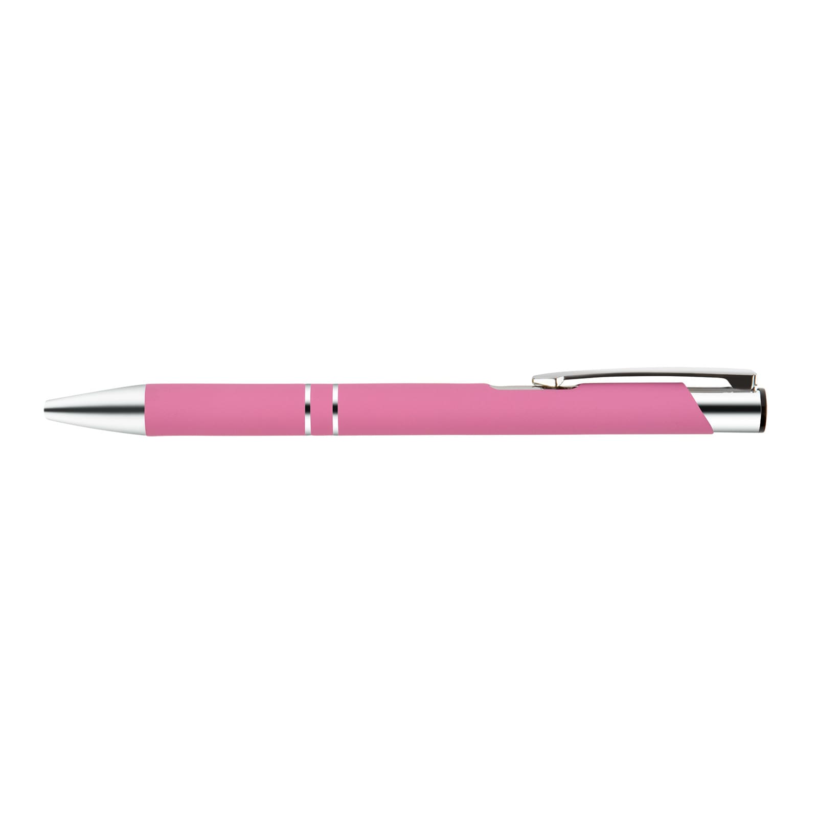 A metal pen in a vibrant pink color with silver accents.