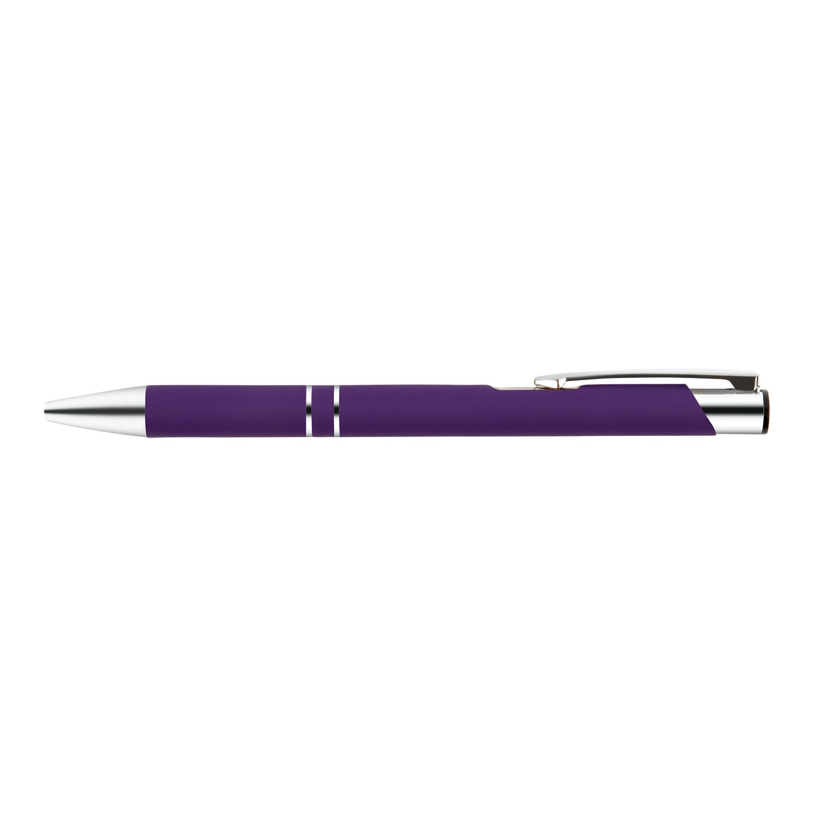 A metal pen featuring a sleek purple design with silver accents.