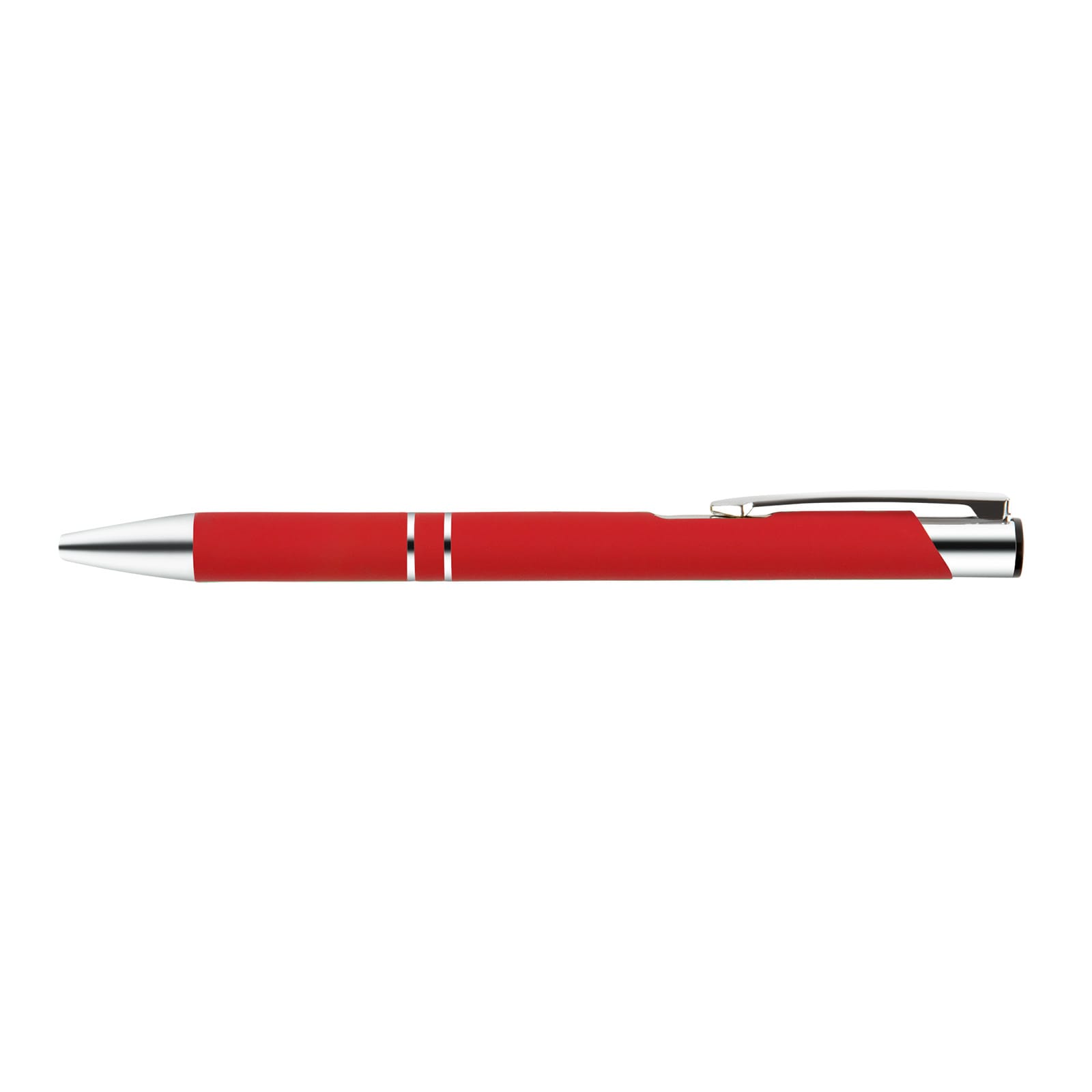 A red metal pen featuring silver accents and a sleek design, labeled as the Napier Deluxe Pen.