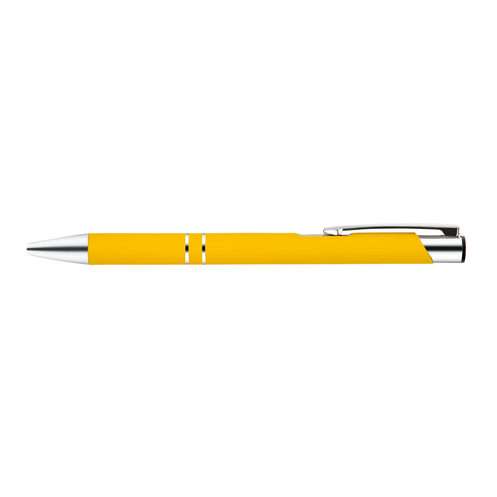 A yellow metal pen featuring a sleek design and chrome accents, ideal for writing with style.