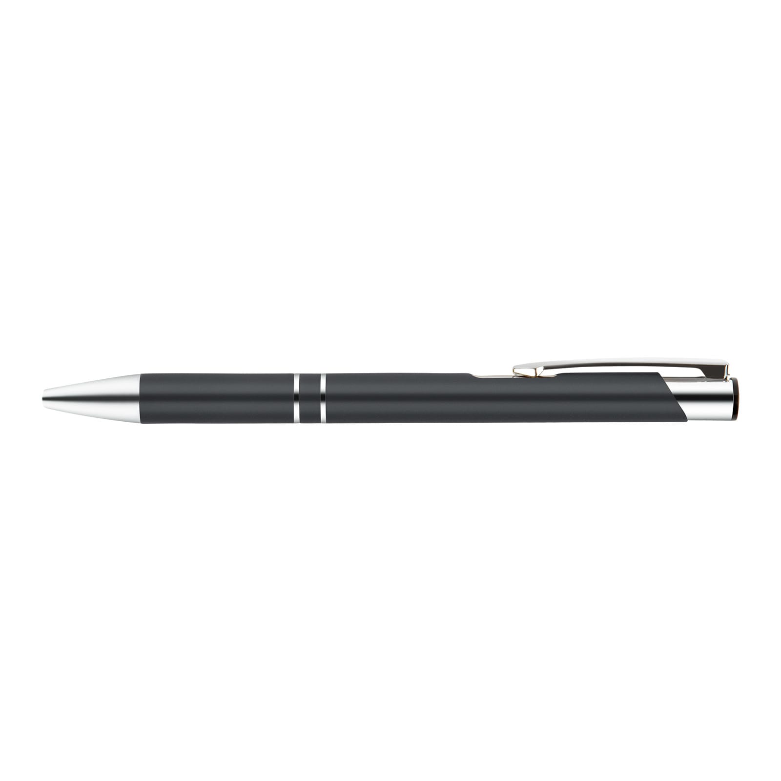A metal pen with a sleek gray finish and silver accents.