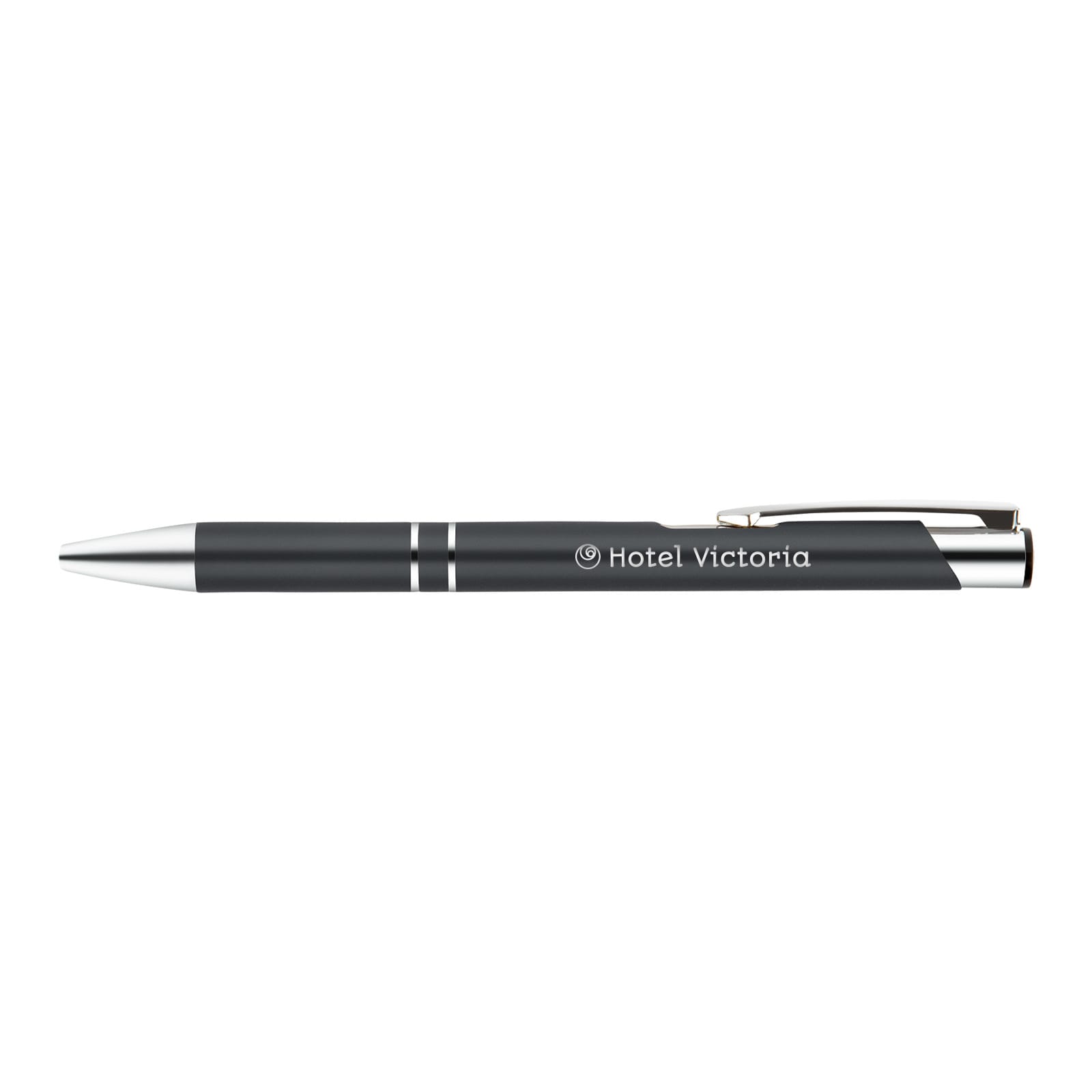 A metal pen featuring a sleek design with a gray barrel and silver accents, branded with "Hotel Victoria."