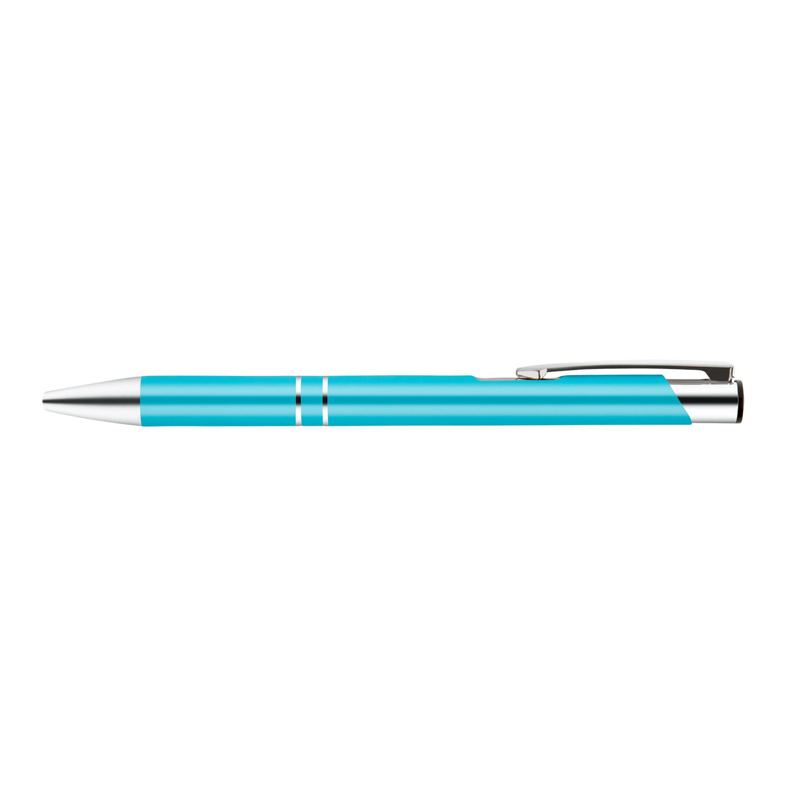 A metal pen in a vibrant turquoise color with silver accents.