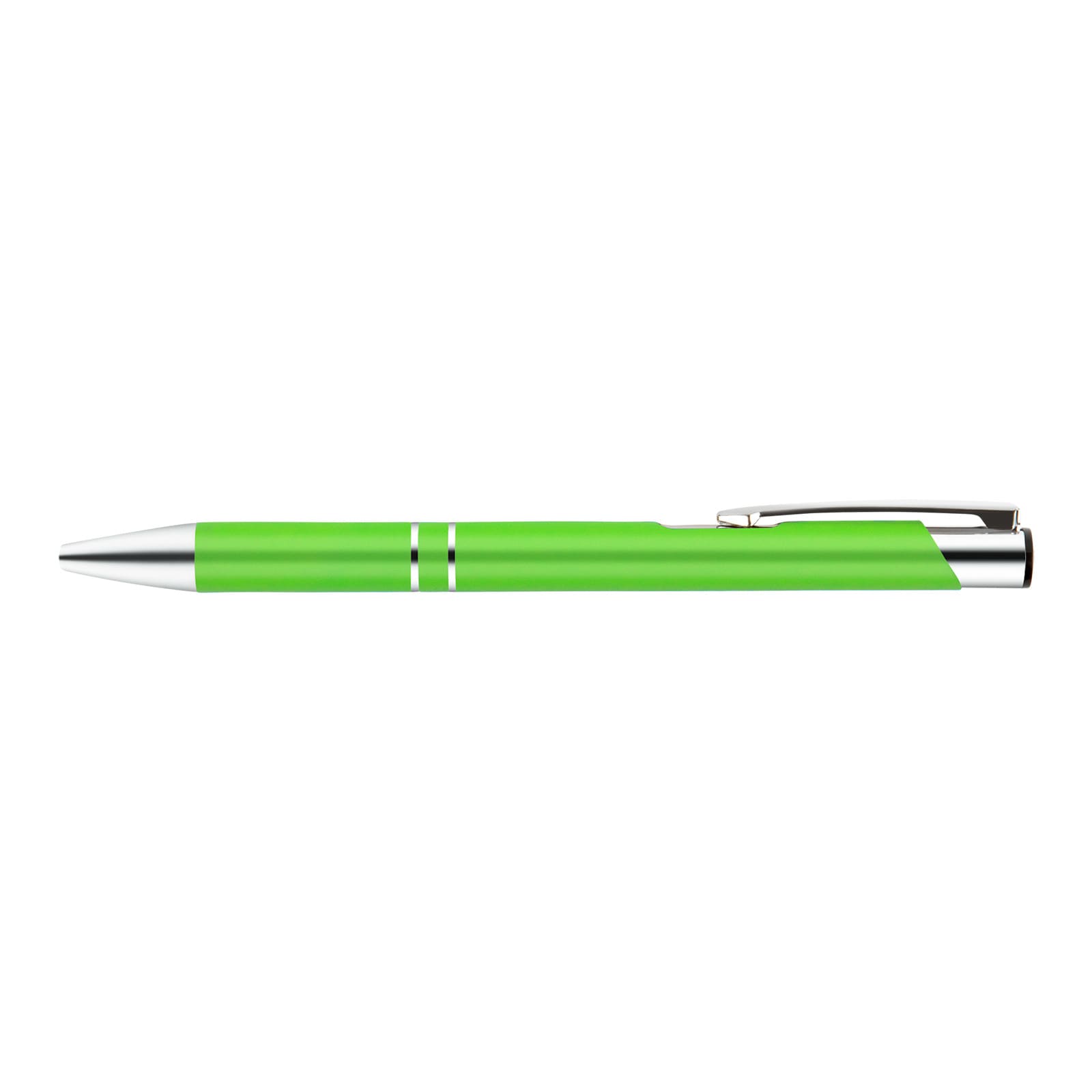 A metal pen in vibrant green with silver accents.